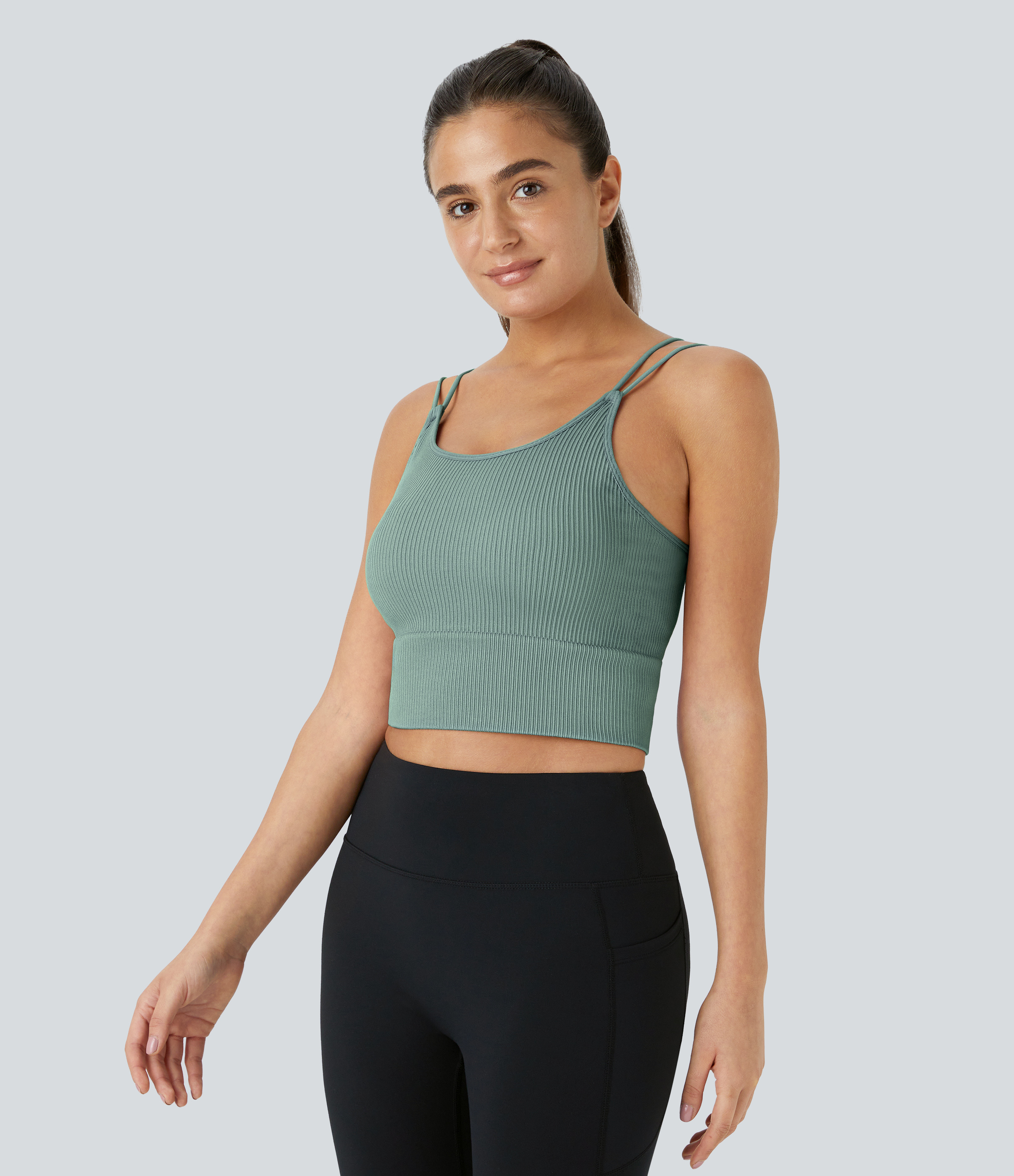 Halara Seamless Flow Double Straps V Back Cropped Running Cami Top Tank Top - Green Milieu - L golf tops halter top tunic tops 