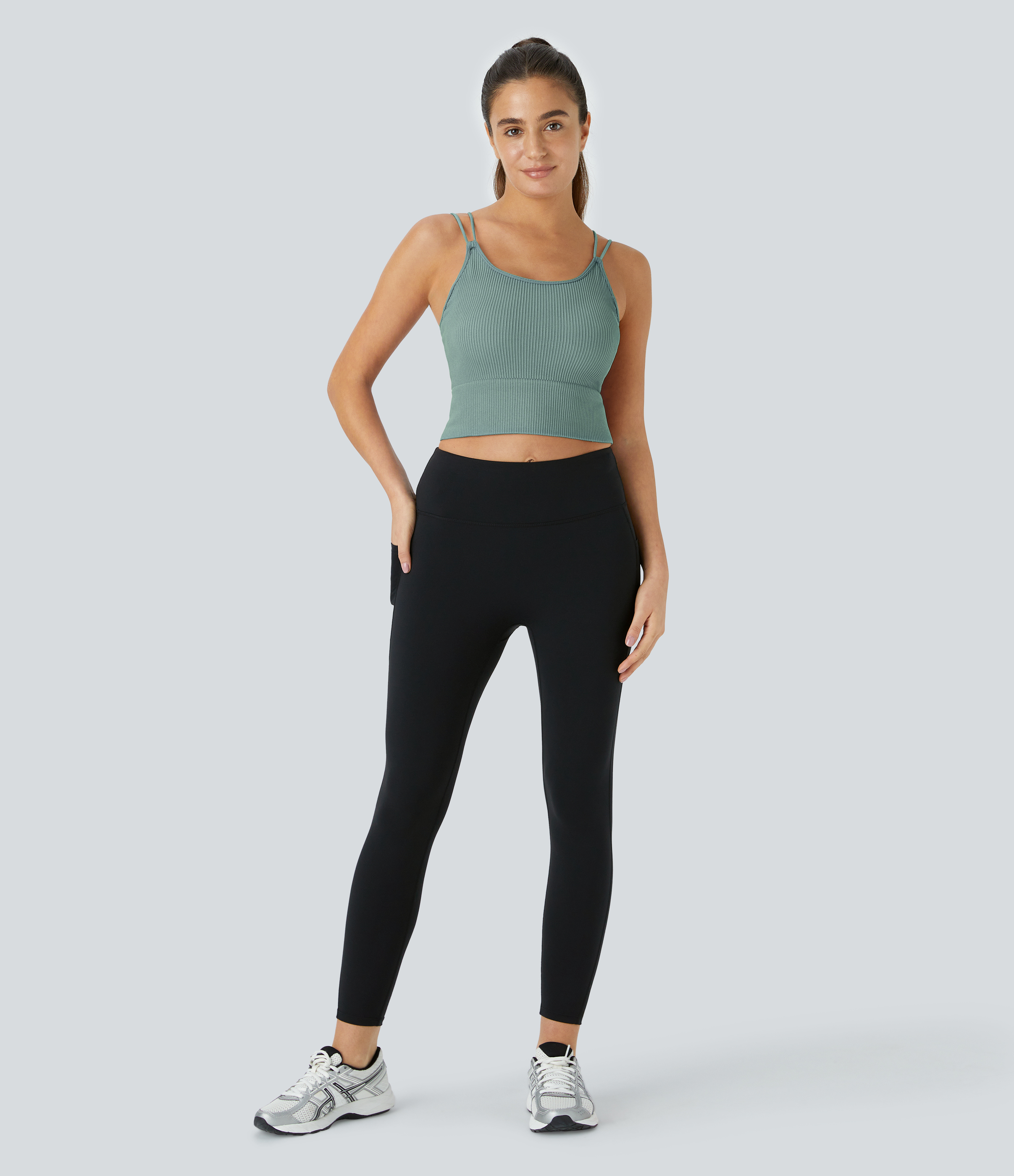 Halara Seamless Flow Double Straps V Back Cropped Running Cami Top Tank Top - Green Milieu - L golf tops halter top tunic tops 
