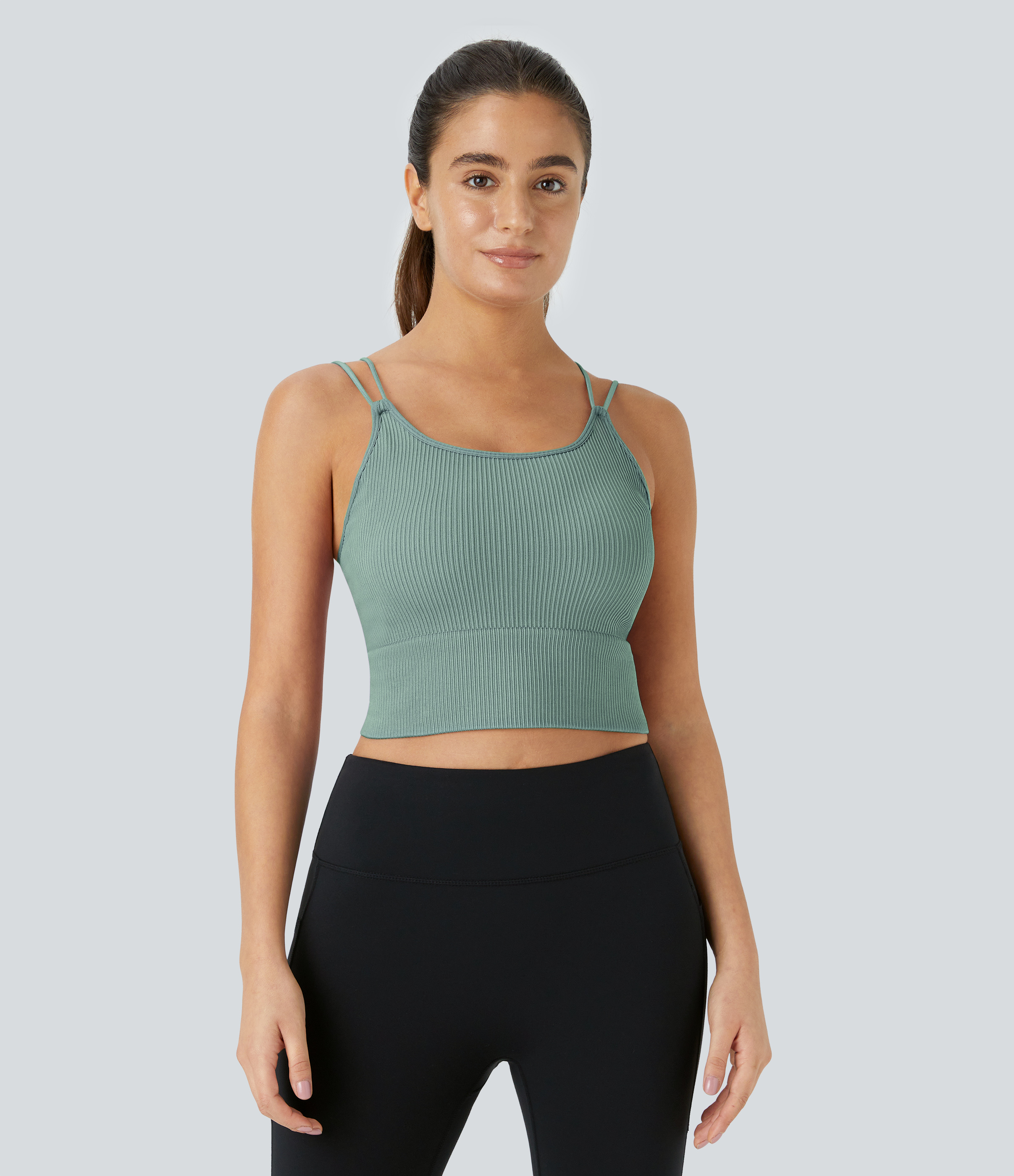 Halara Seamless Flow Double Straps V Back Cropped Running Cami Top Tank Top - Green Milieu - L golf tops halter top tunic tops 