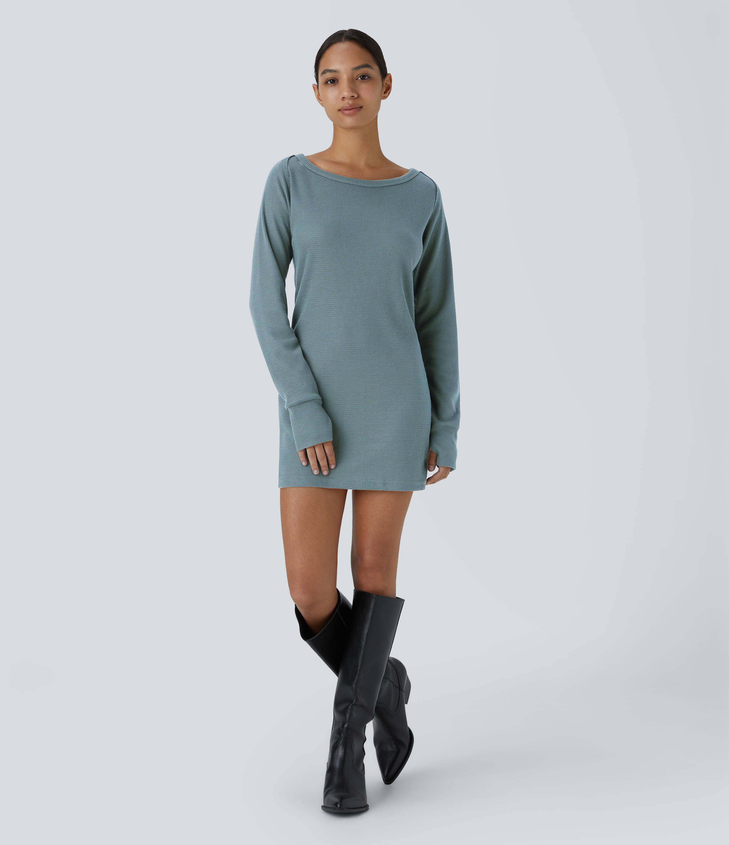 Halara Boat Neck Raglan Sleeve Thumb Hole Split Hem Waffle Casual Sweatshirt Dress  - Tourmaline - S 