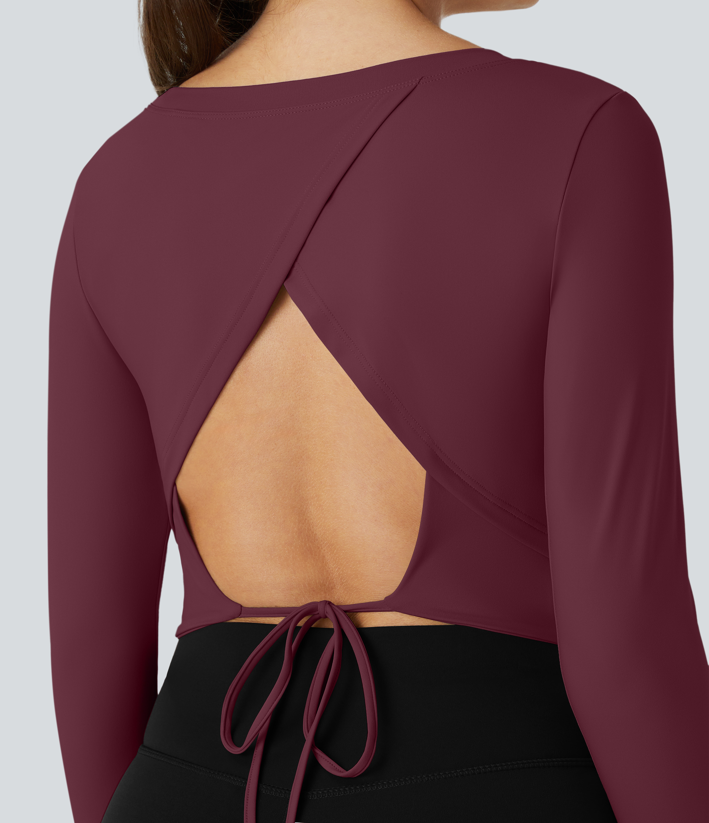 Halara Long Sleeve Backless Cut Out Tie Back Cropped Barre Ballet Dance Sports Top  - Fig - S 