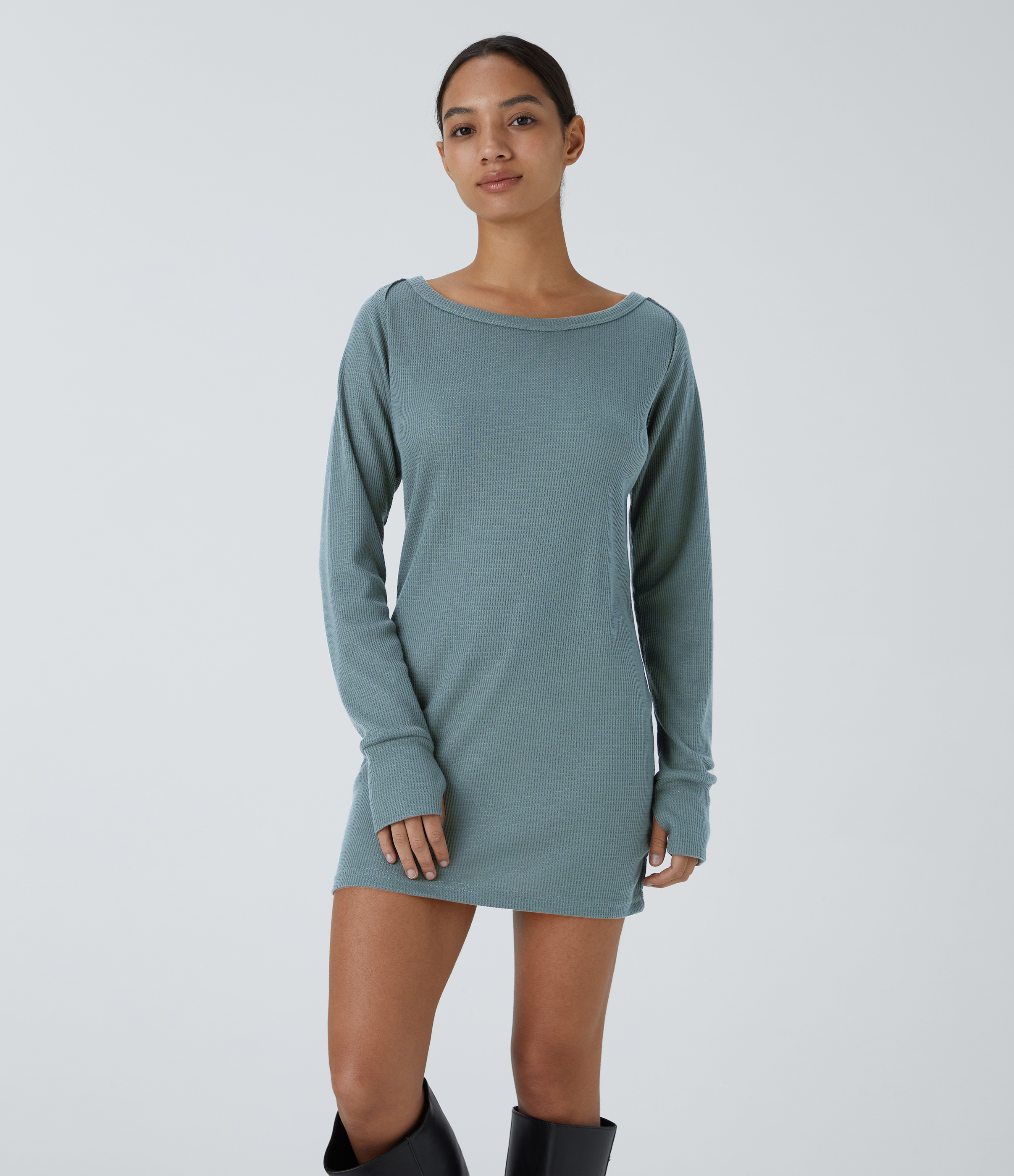 Halara Boat Neck Raglan Sleeve Thumb Hole Split Hem Waffle Casual Sweatshirt Dress  - Tourmaline - S 