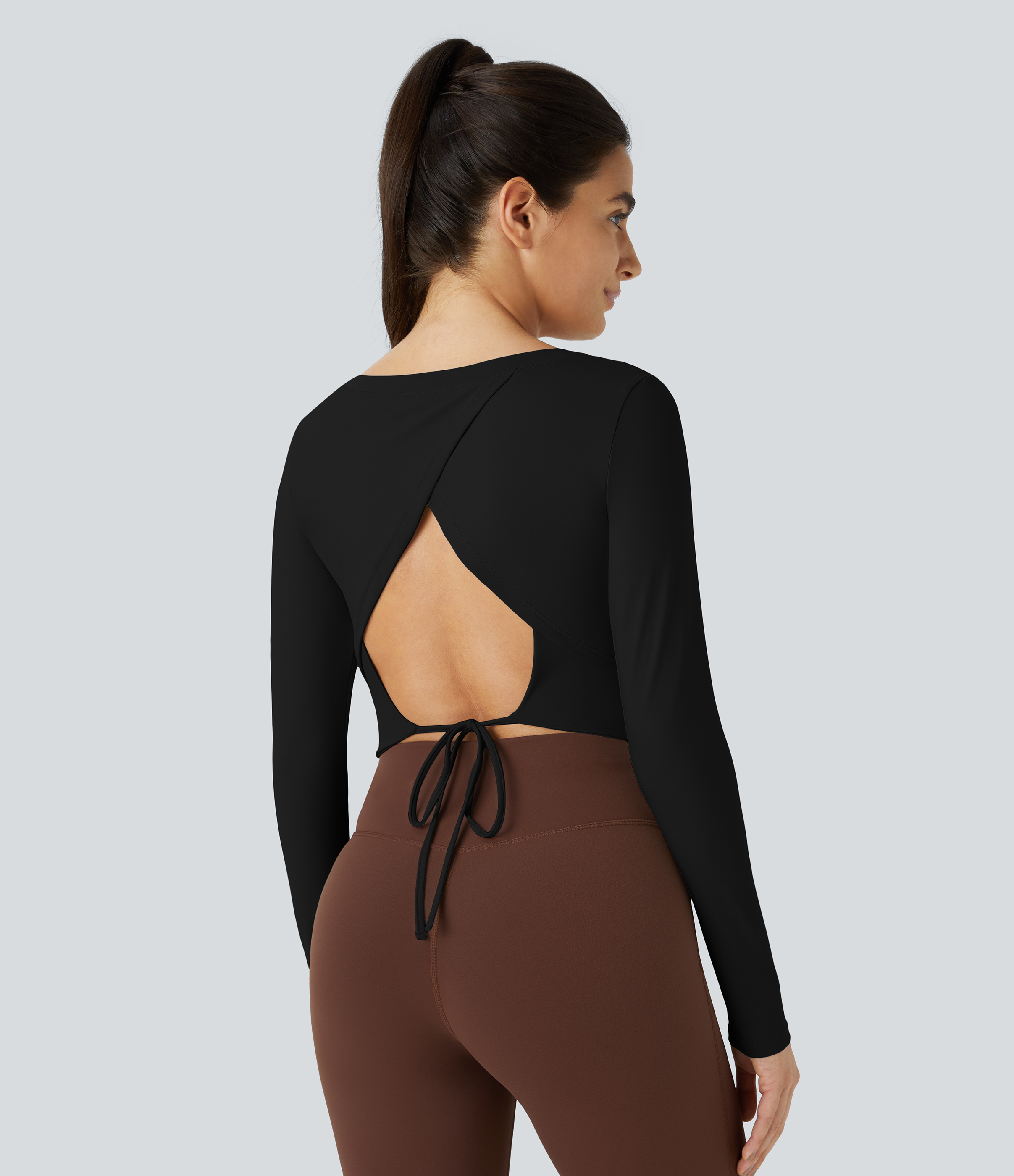 Halara Long Sleeve Backless Cut Out Tie Back Cropped Barre Ballet Dance Sports Top  - Black - XS 