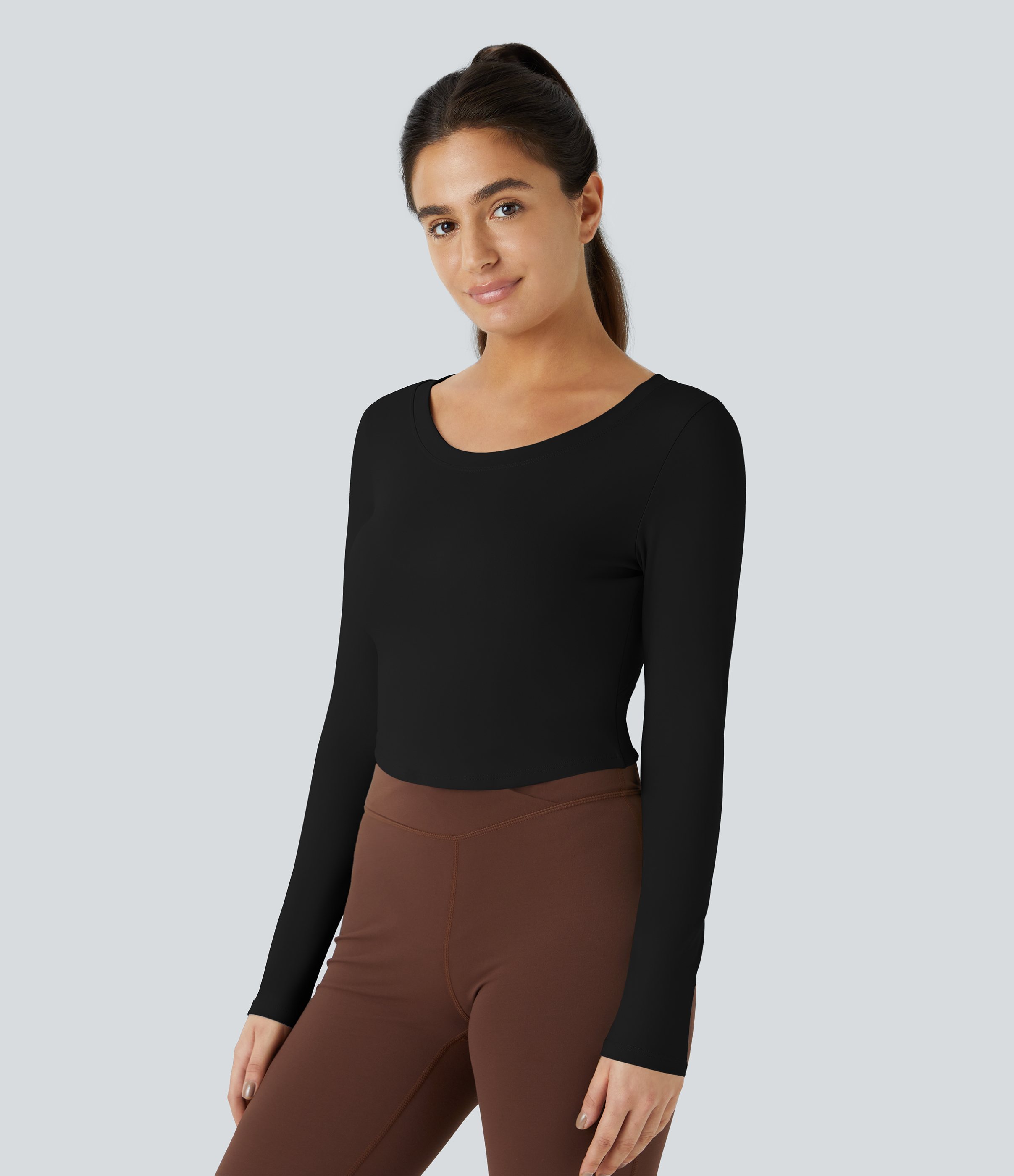 Halara Long Sleeve Backless Cut Out Tie Back Cropped Barre Ballet Dance Sports Top  - Black - XS 