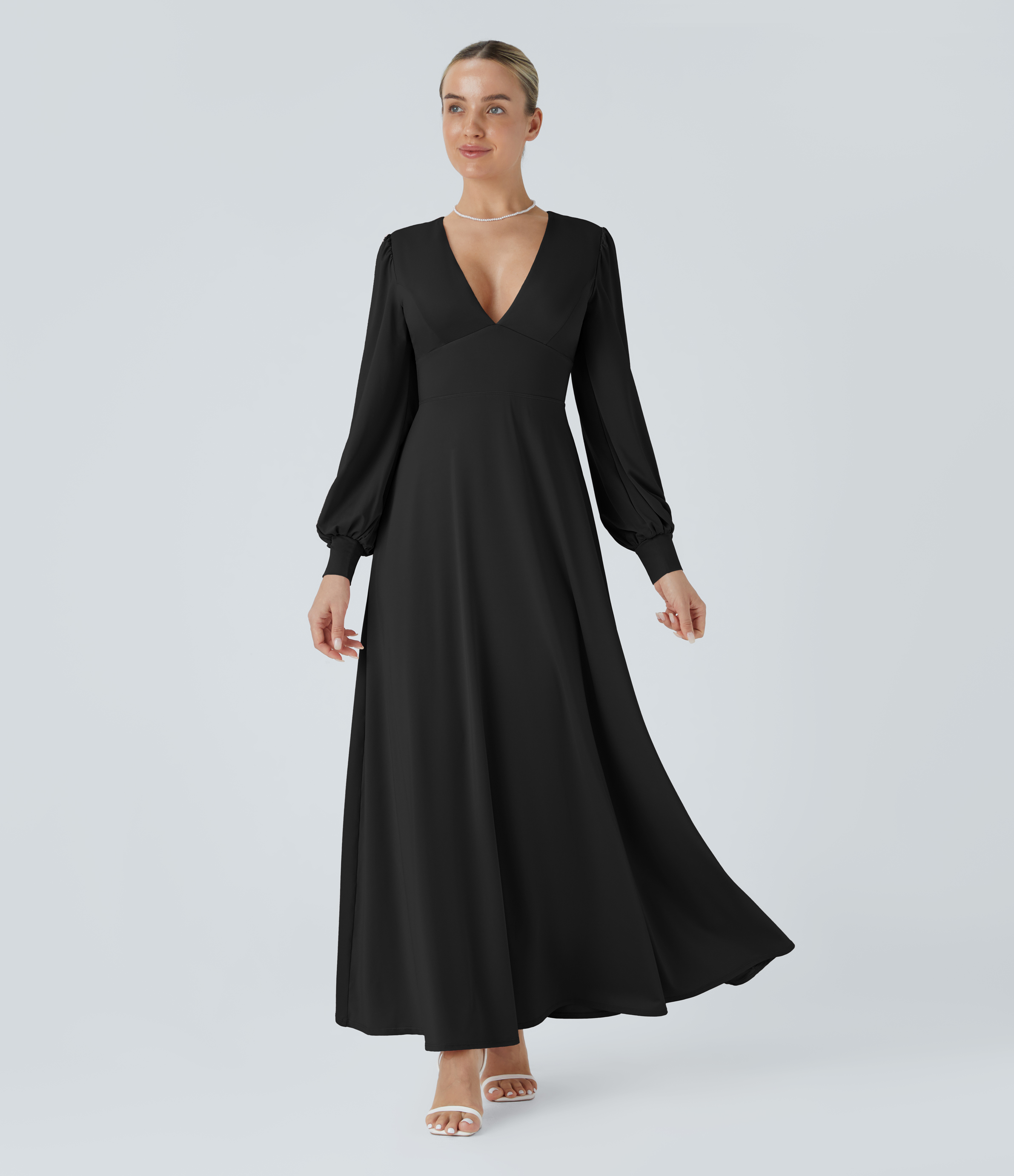 Halara V Neck Long Sleeve Backless Tie Back Button Bishop Sleeve Maxi Bridesmaid and Wedding Guest Dress Casual Dress - Black - M slip dress 