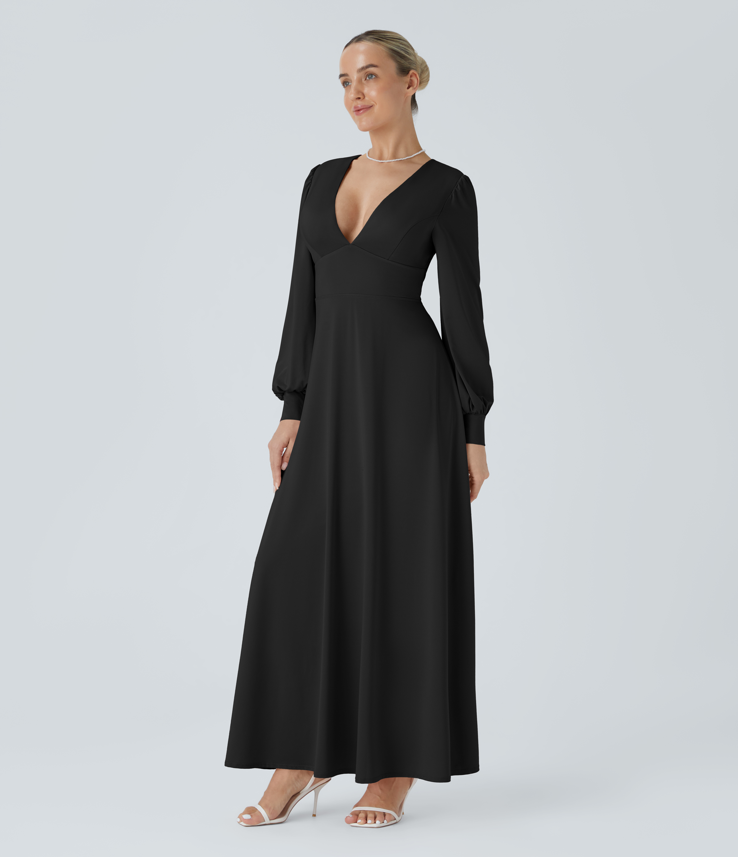 Halara V Neck Long Sleeve Backless Tie Back Button Bishop Sleeve Maxi Bridesmaid and Wedding Guest Dress Casual Dress - Black - M slip dress 