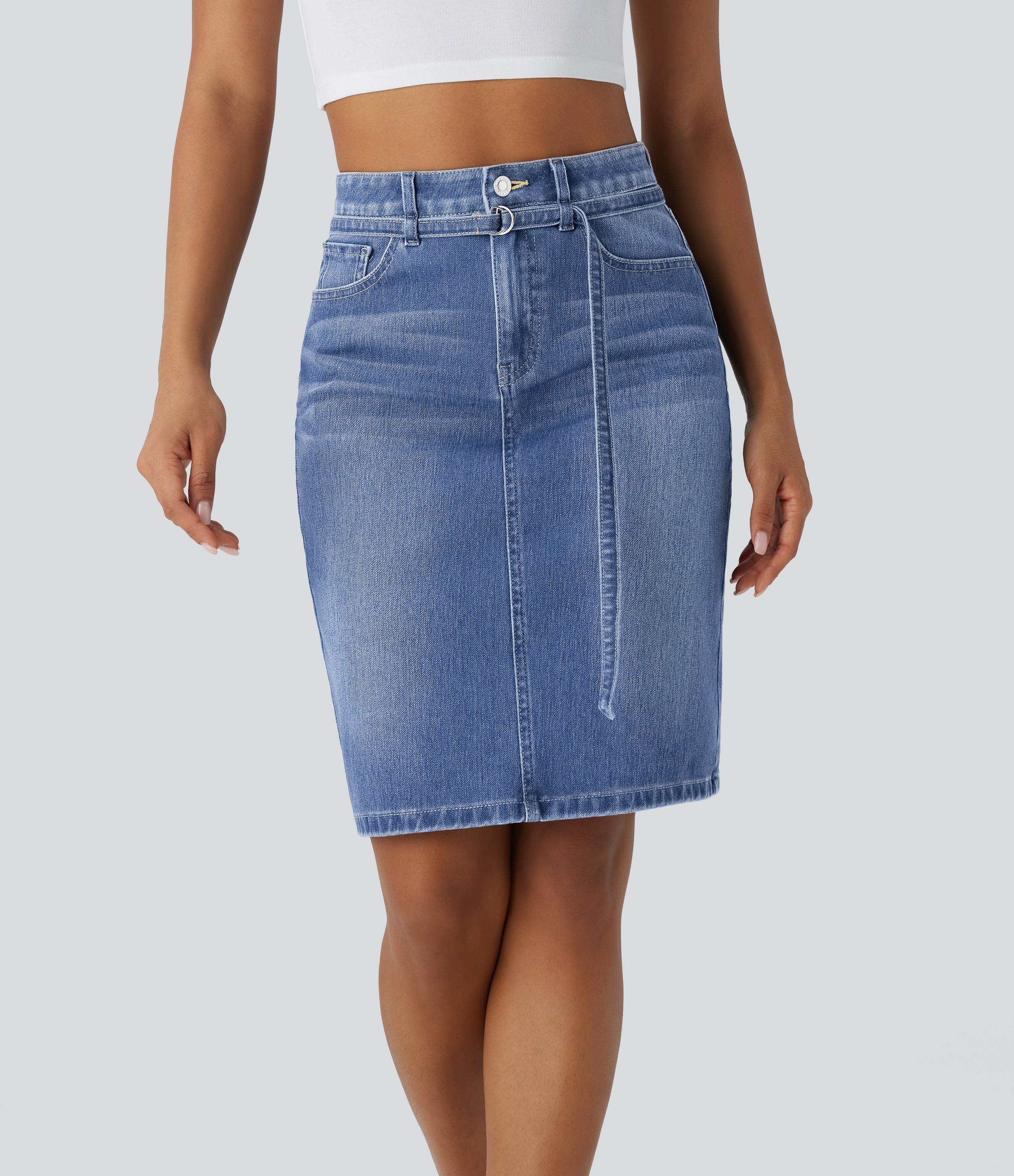 Halara Flex™ - Washed midi skirt made of stretchy knit denim with a mid-rise waist, multiple pockets, zip fastening, button placket and slit