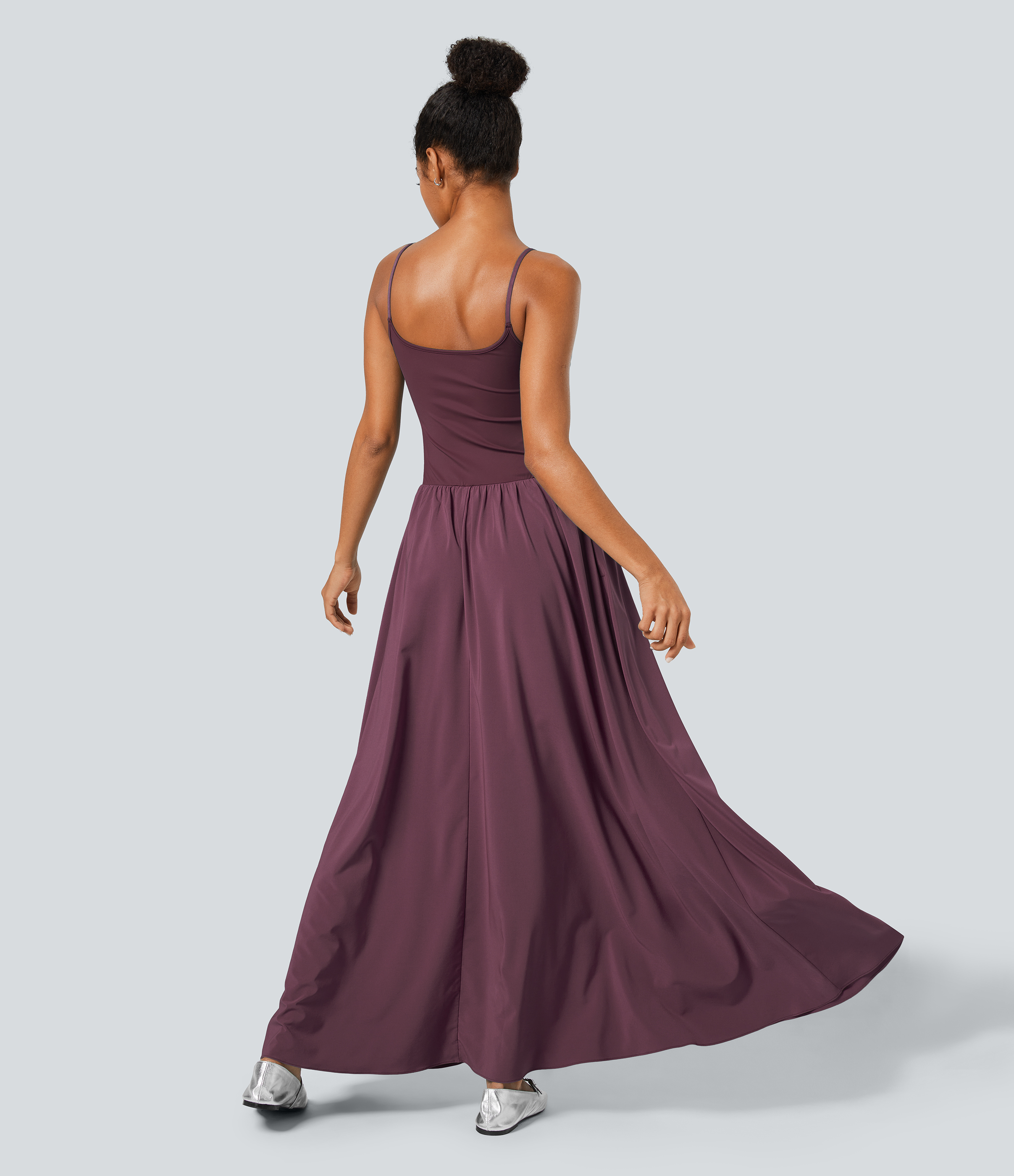 Halara Breezefulв„ў Backless Side Pocket Plicated Flowy Flare Maxi Quick Dry Casual Slip Dress Casual Dress - Amaranth - XS slip dress 