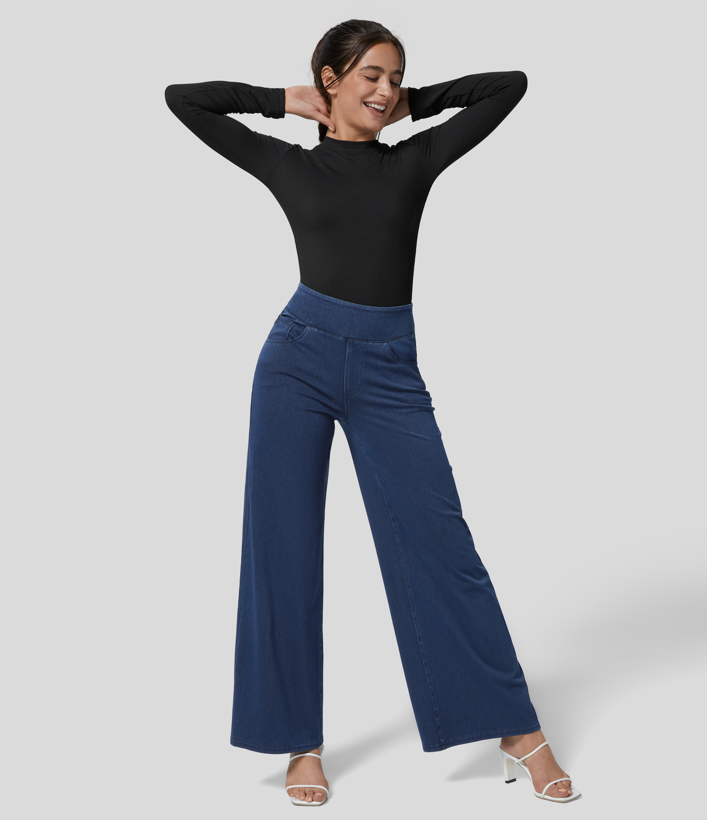 Halara HalaraMagicв„ў Jeans High Waisted Multiple Pockets Wide Leg Stretchy Knit Denim Work Pants  - Denim Indigo - XS(regular) sweatpants 
