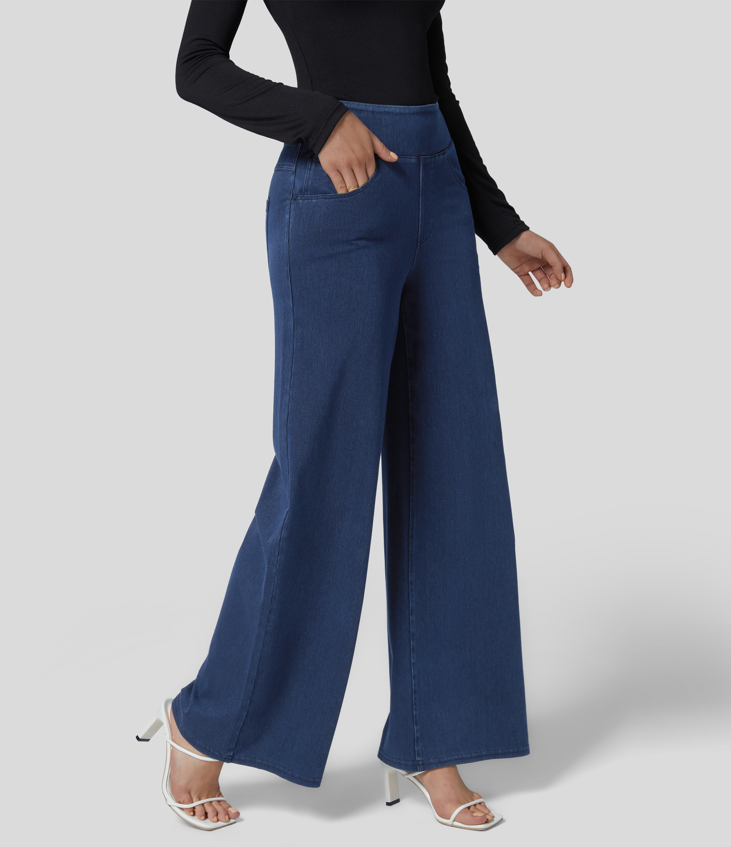 Halara HalaraMagicв„ў Jeans High Waisted Multiple Pockets Wide Leg Stretchy Knit Denim Work Pants  - Denim Indigo - XS(regular) sweatpants 