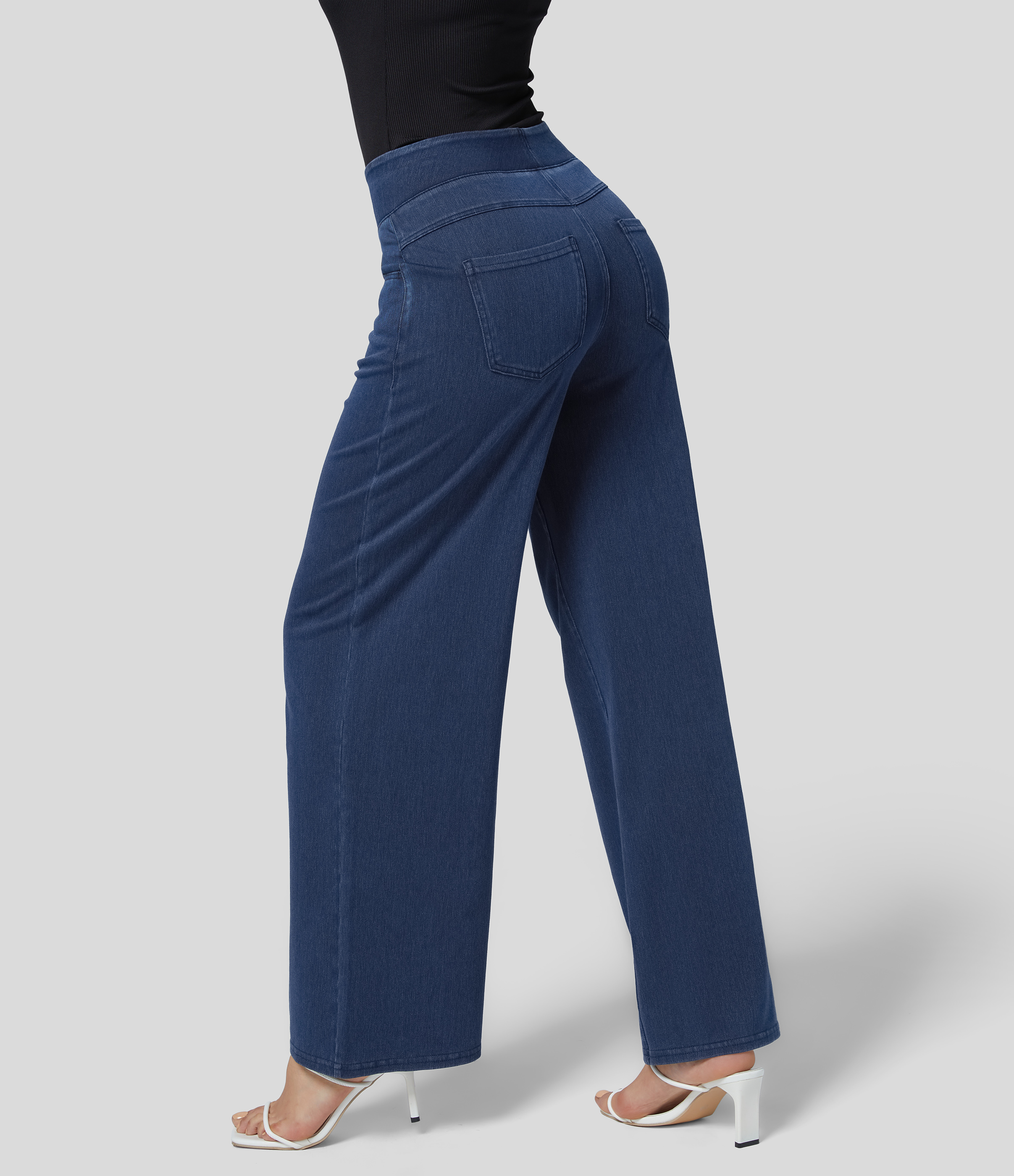 Halara HalaraMagicв„ў Jeans High Waisted Multiple Pockets Wide Leg Stretchy Knit Denim Work Pants  - Denim Indigo - XS(regular) sweatpants 