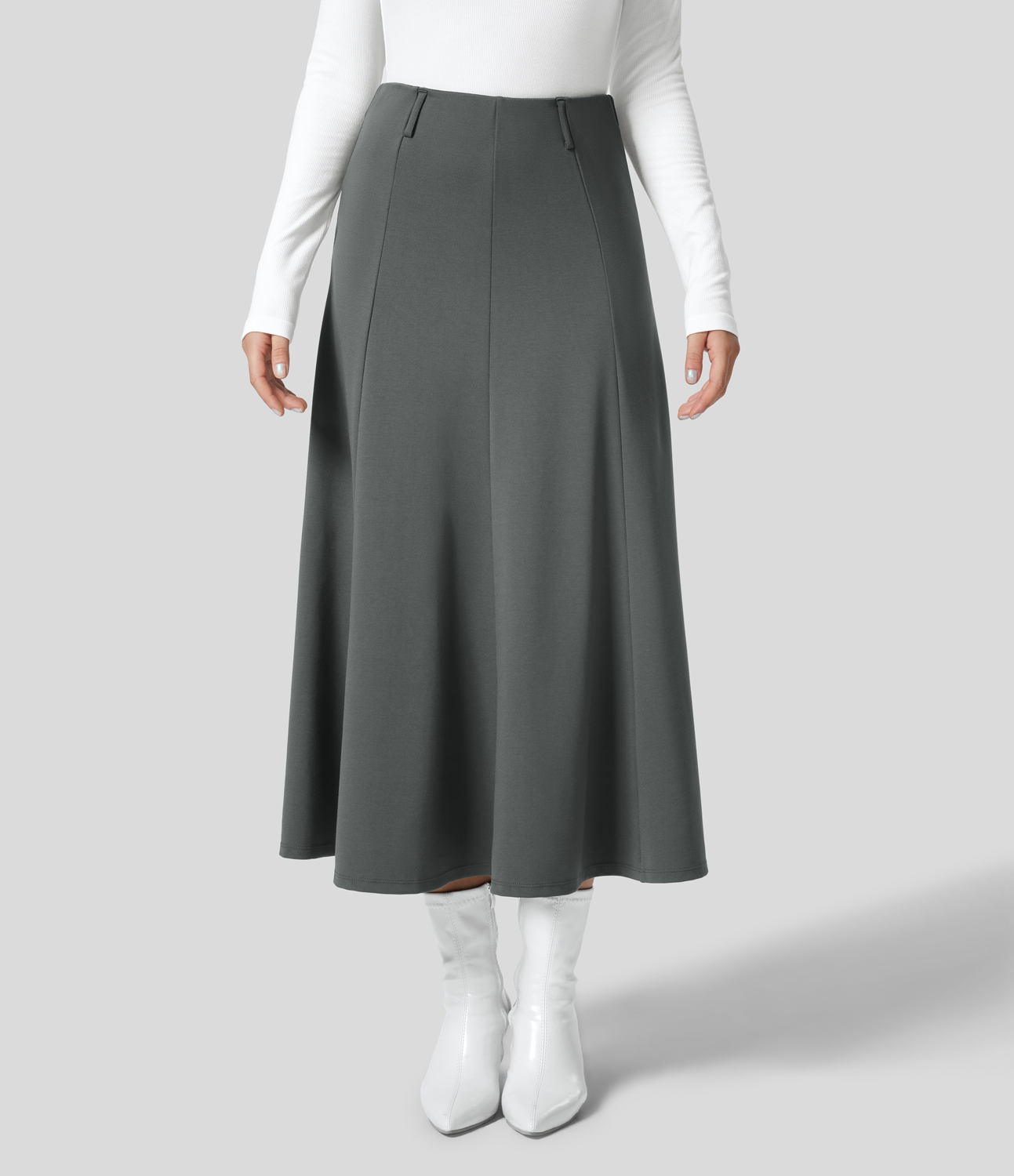 

Halara High Waisted Back Invisible Zipper Flare Midi Work Skirt - Sedona Sage