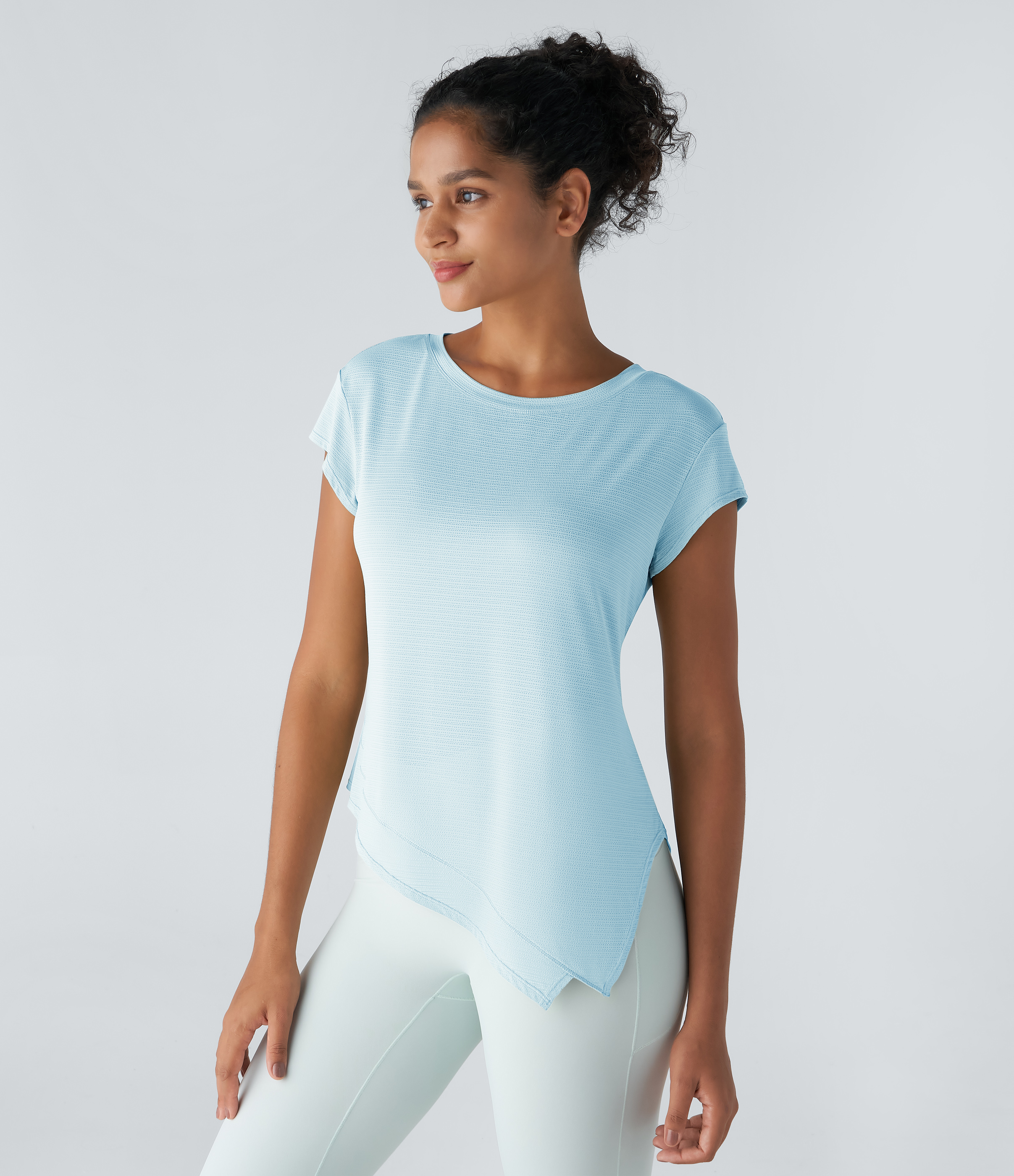 Halara Sheer Round Neck Short Sleeve Split Asymmetric Hem Jacquard Yoga Sports Top  - Saltwater Slide - XS 
