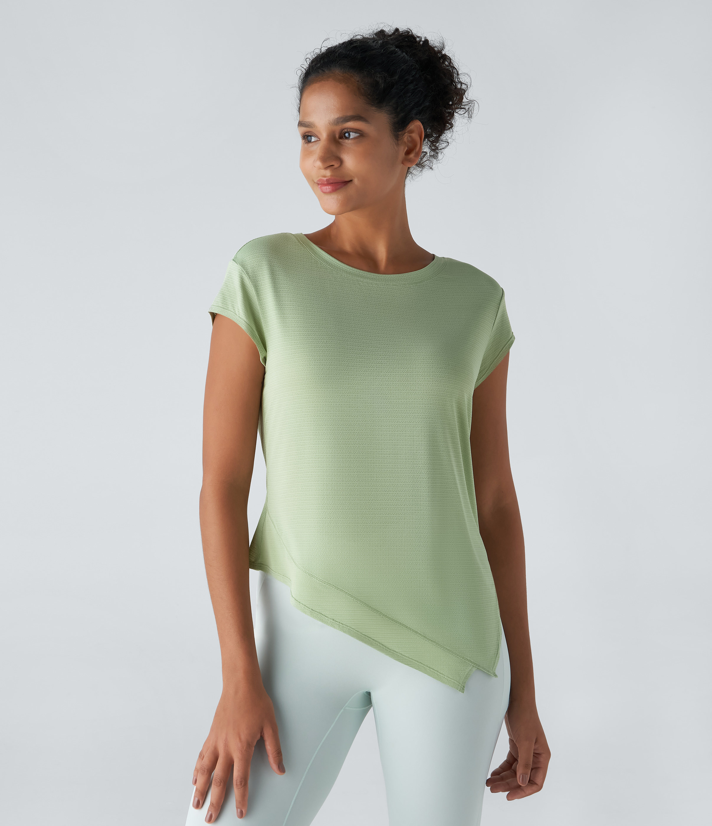 Halara Sheer Round Neck Short Sleeve Split Asymmetric Hem Jacquard Yoga Sports Top  - Foam Green - XL 