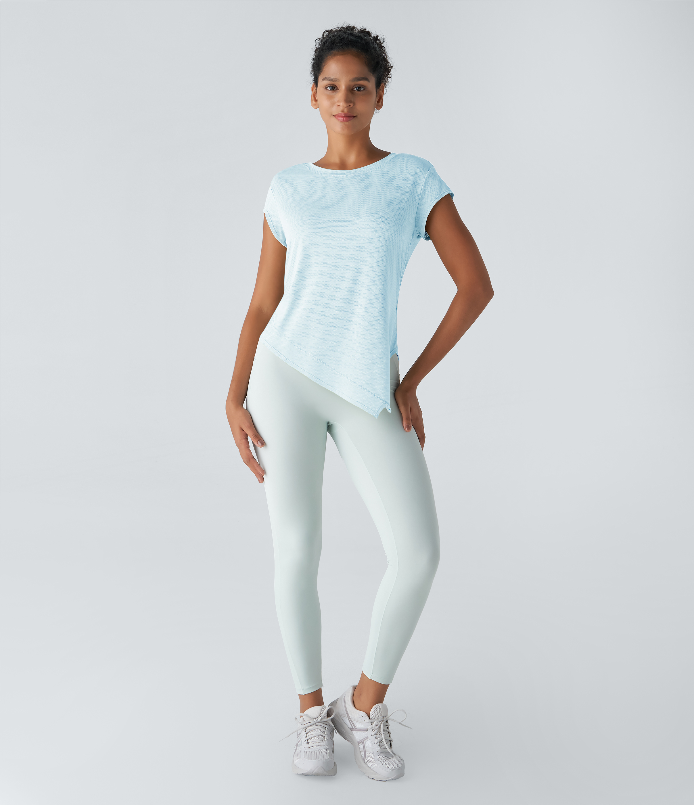 Halara Sheer Round Neck Short Sleeve Split Asymmetric Hem Jacquard Yoga Sports Top  - Saltwater Slide - XS 