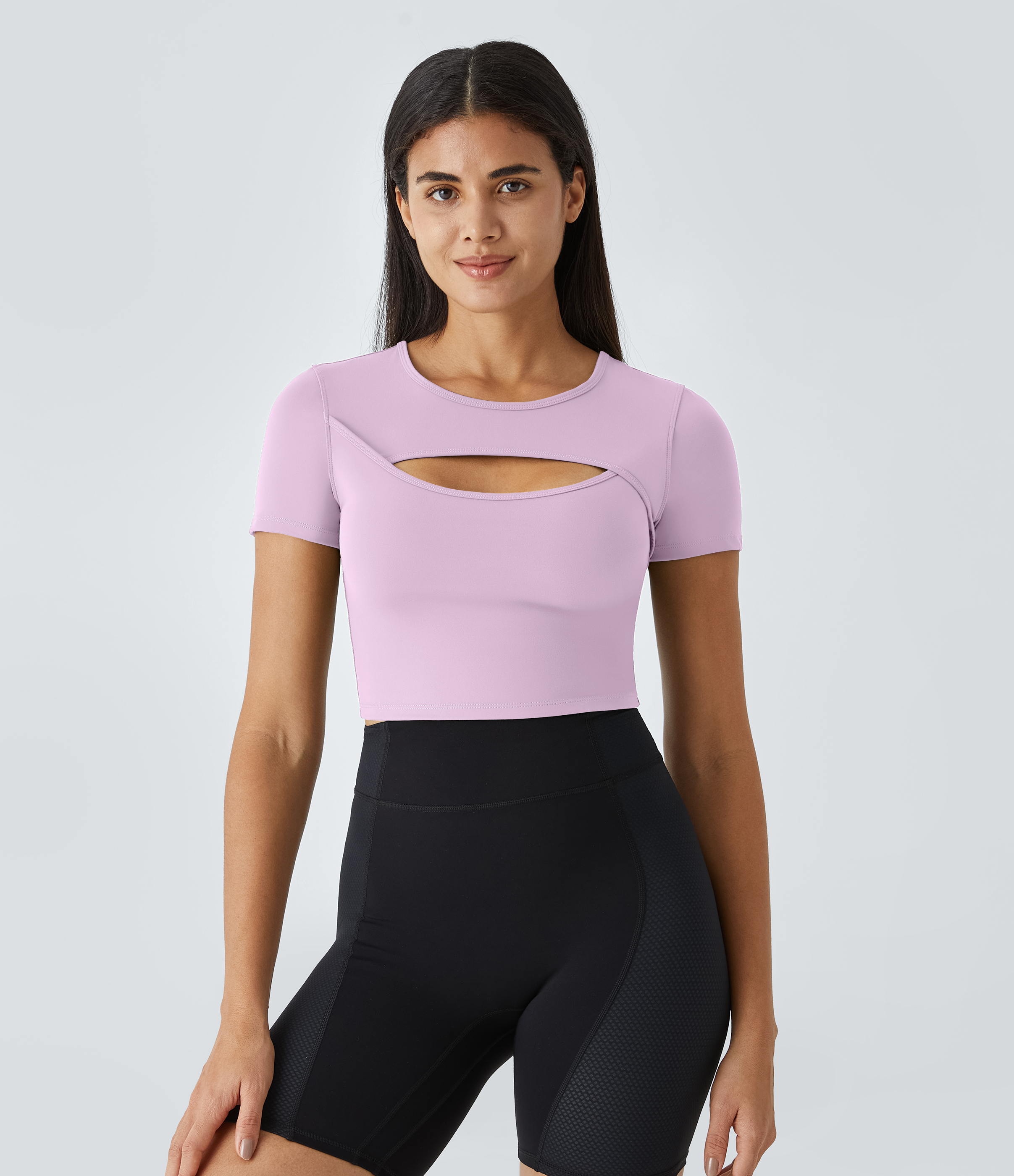 Halara Cloudfulв„ў Fabric Round Neck Cut Out Short Sleeve Cropped Barre Ballet Dance Sports Top  - Winsome Orchid - XL 