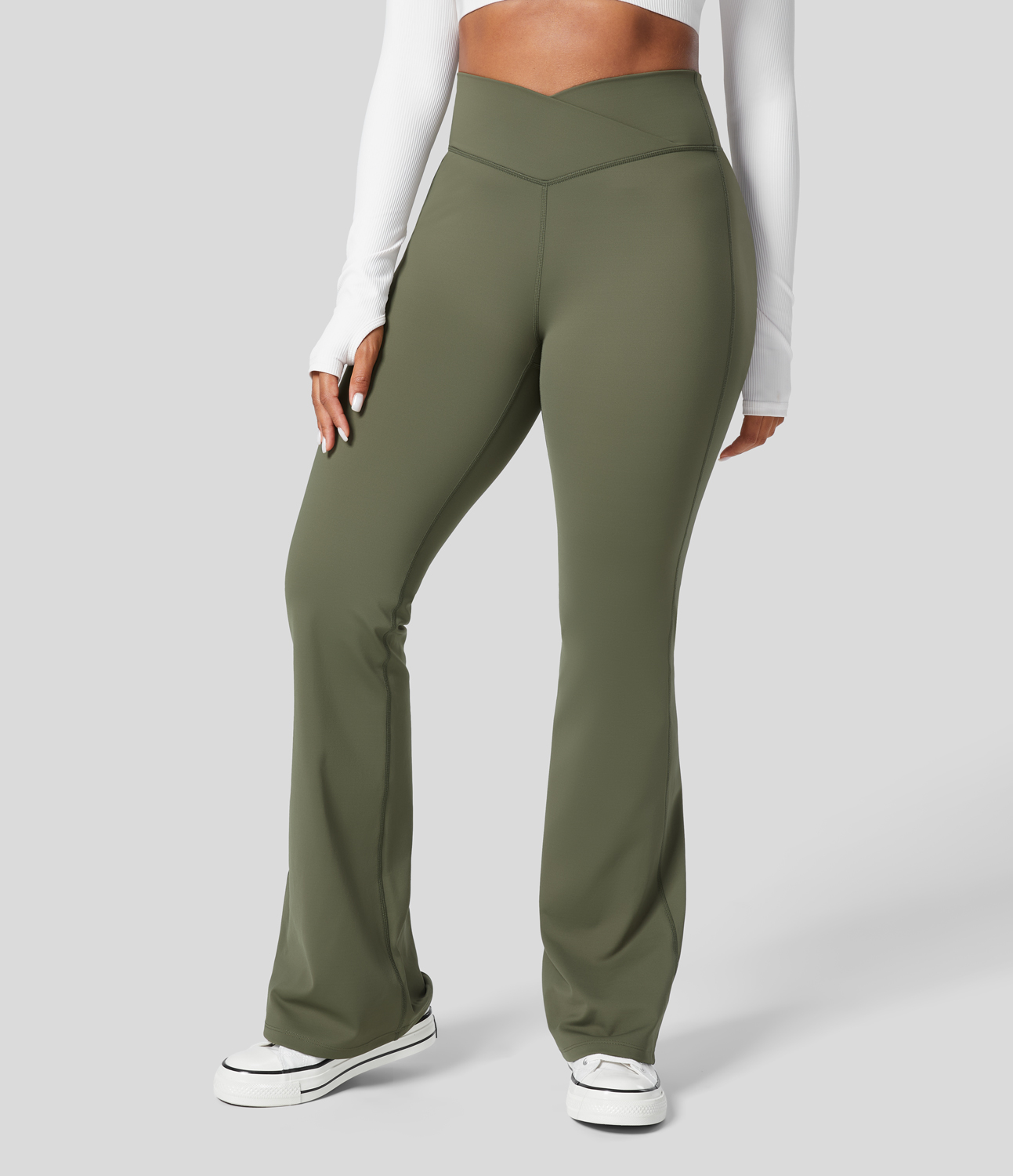 Halara Softlyzeroв„ў Fleece High Waisted Crossover Yoga Flare Leggings  - Grass Grey Green - S(regular) gym leggings leggings with pockets 