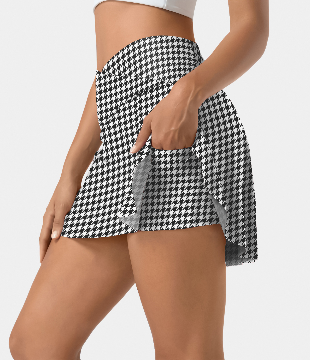 

Halara Softlyzeroв„ў Airy High Waisted Crossover 2-in-1 Side Pocket Houndstooth Mini Cool Touch Tennis Skirt - Black White Houndstooth