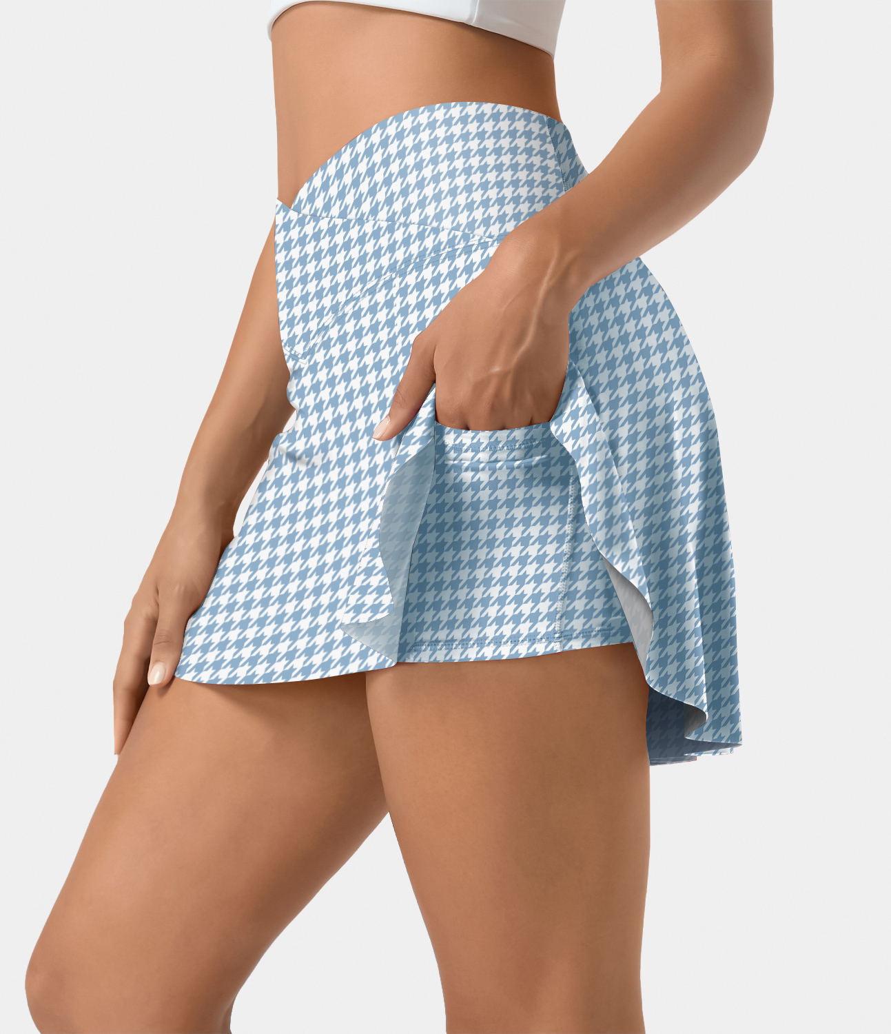 

Halara Softlyzeroв„ў Airy High Waisted Crossover 2-in-1 Side Pocket Houndstooth Mini Cool Touch Tennis Skirt - Sky Blue Houndstooth