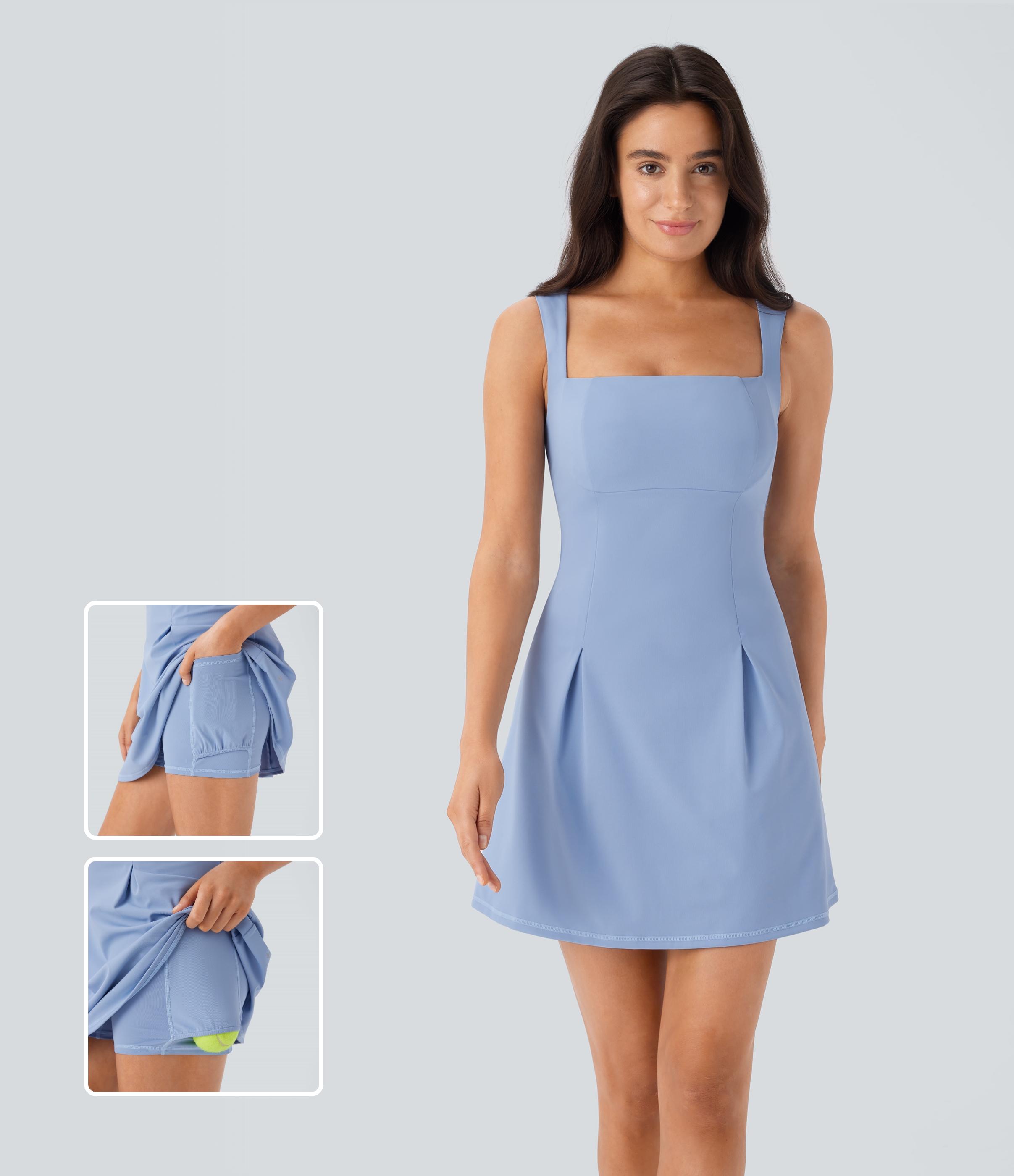Halara – Softlyzero™ QuickDry – Ärmelloses 2-in-1 Tennis-Mini-Aktivkleid mit eckigem Ausschnitt und Seitentasche – Himmelblau – S