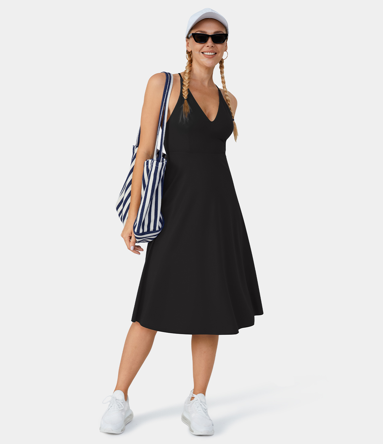 Halara Everyday Crisscross Backless Lace Up Flared Midi Dress Casual Dress - Black - XL slip dress beach dress ruched dress halter dress 