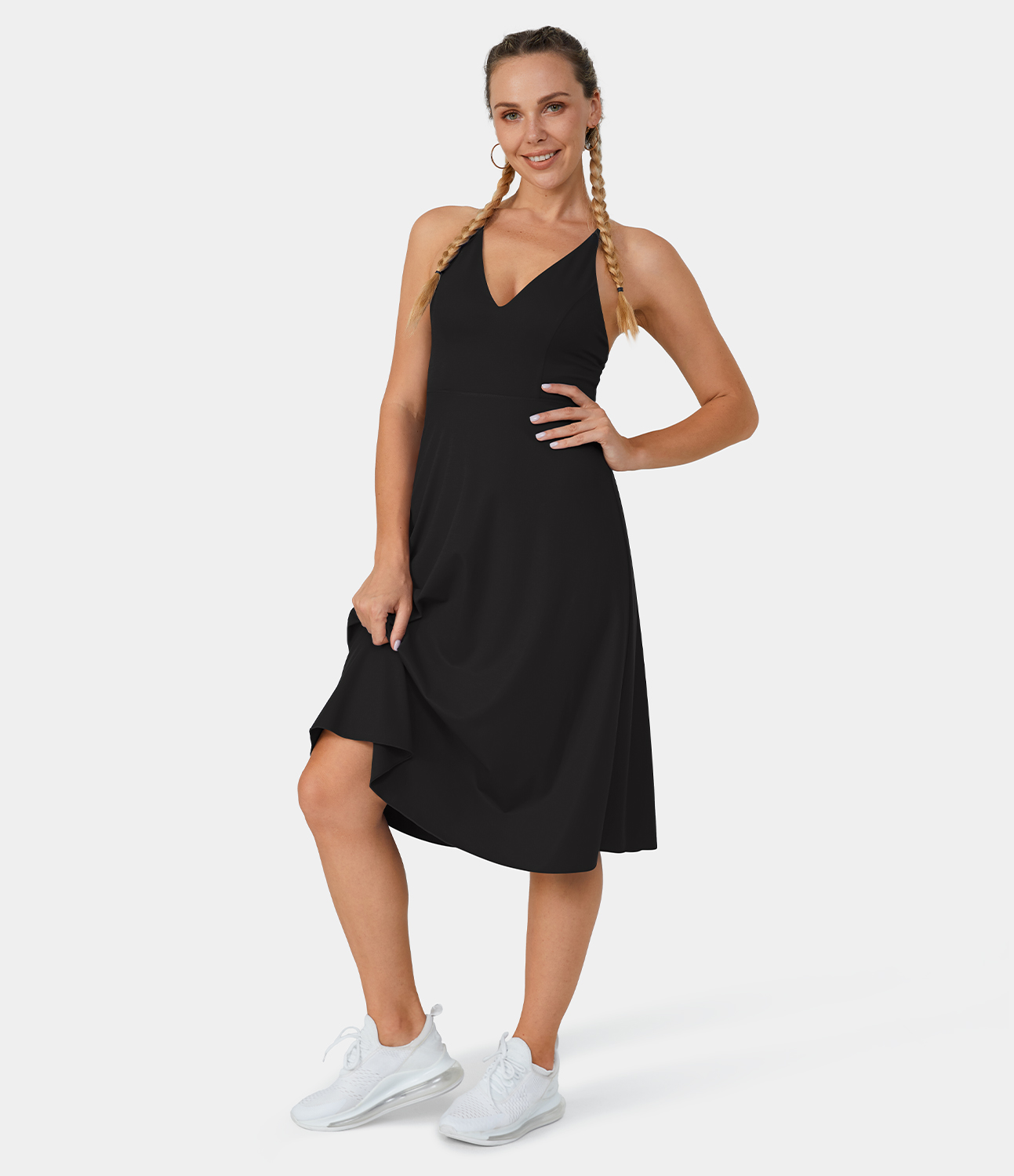 Halara Everyday Crisscross Backless Lace Up Flared Midi Dress Casual Dress - Black - XL slip dress beach dress ruched dress halter dress 