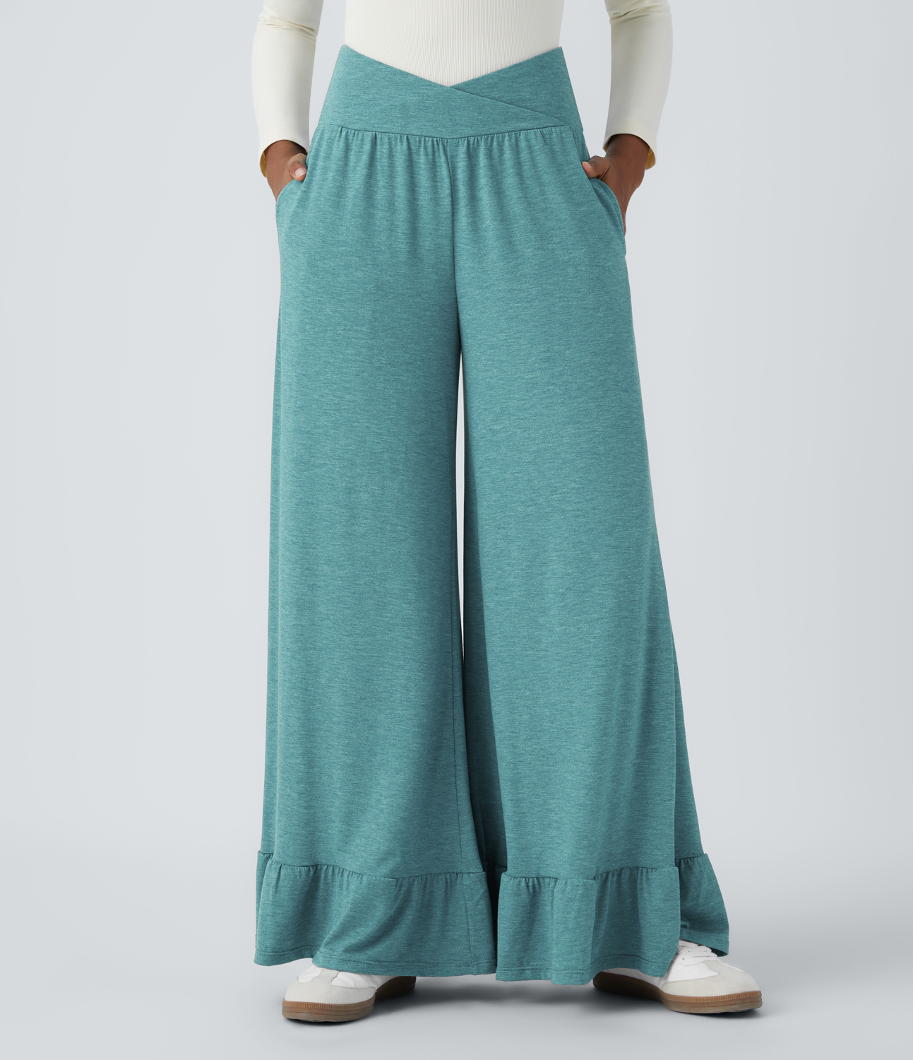 Halara Crossover High Waisted Side Pocket Ruffle Hem Wide Leg Casual Pants  - Stone Green Floral Yarn - XL(regular) sweatpants jogger pants 