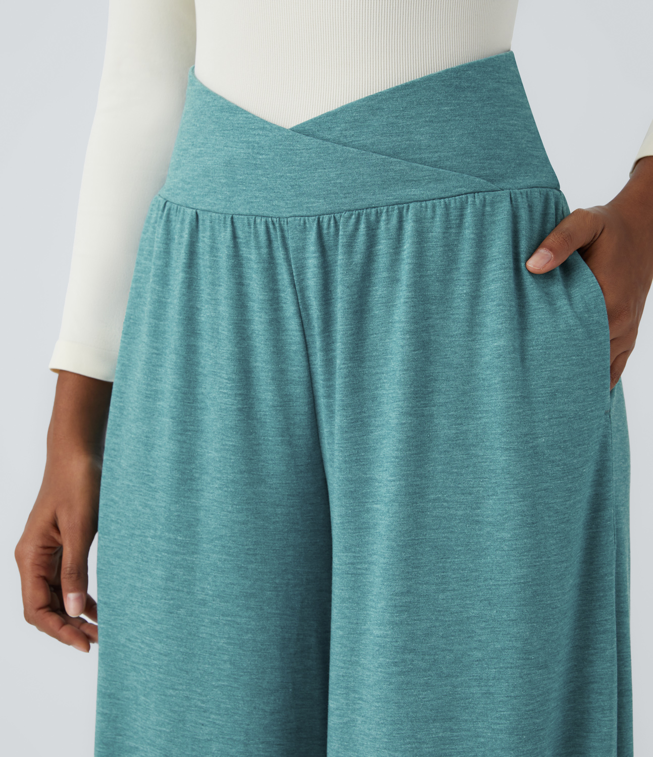 Halara Crossover High Waisted Side Pocket Ruffle Hem Wide Leg Casual Pants  - Stone Green Floral Yarn - XL(regular) sweatpants jogger pants 