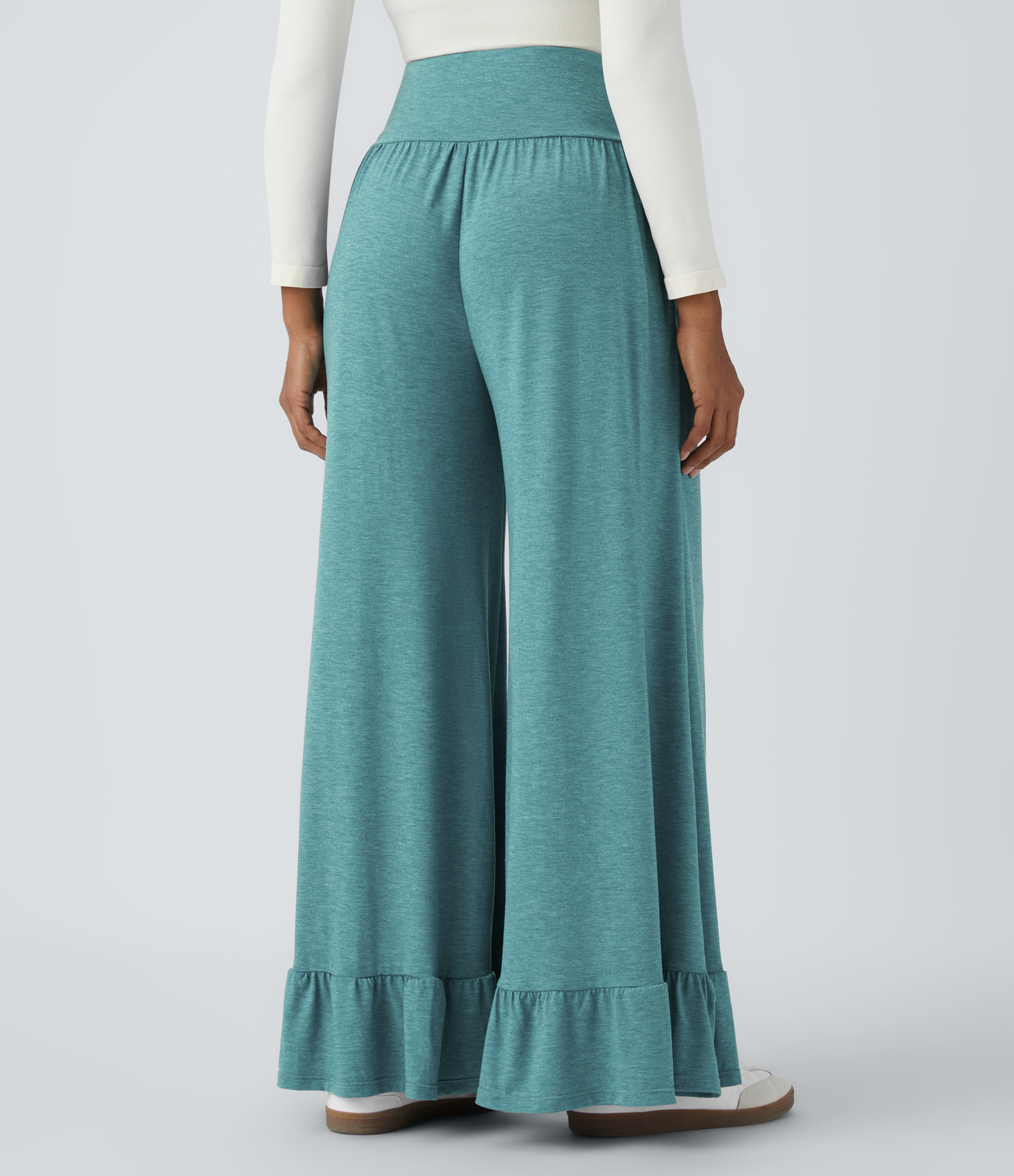 Halara Crossover High Waisted Side Pocket Ruffle Hem Wide Leg Casual Pants  - Stone Green Floral Yarn - XL(regular) sweatpants jogger pants 