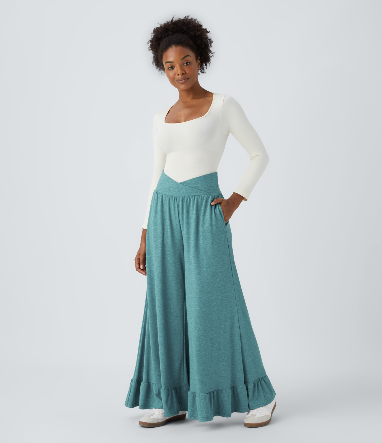 Halara Crossover High Waisted Side Pocket Ruffle Hem Wide Leg Casual Pants  - Stone Green Floral Yarn - XL(regular) sweatpants jogger pants 
