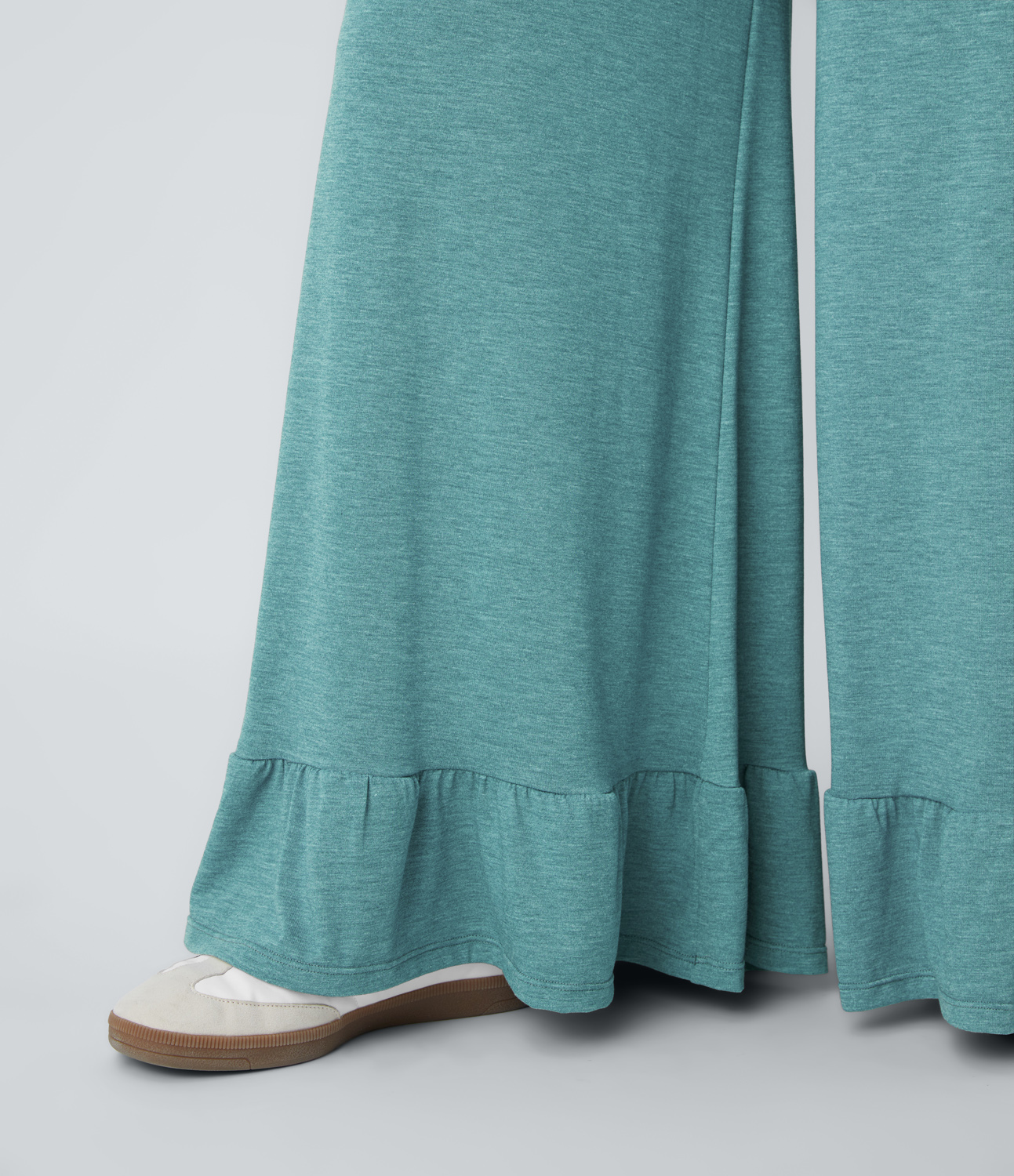 Halara Crossover High Waisted Side Pocket Ruffle Hem Wide Leg Casual Pants  - Stone Green Floral Yarn - XL(regular) sweatpants jogger pants 