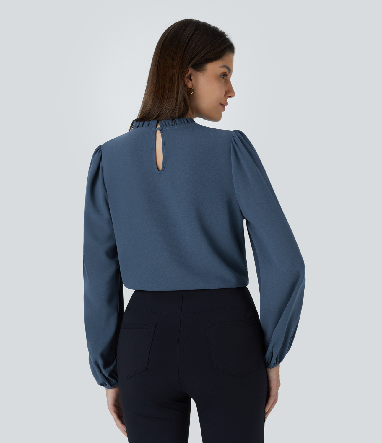 Halara Frill Round Neck Keyhole Back Long Sleeve Work Blouse  - Starry Blue - XL 