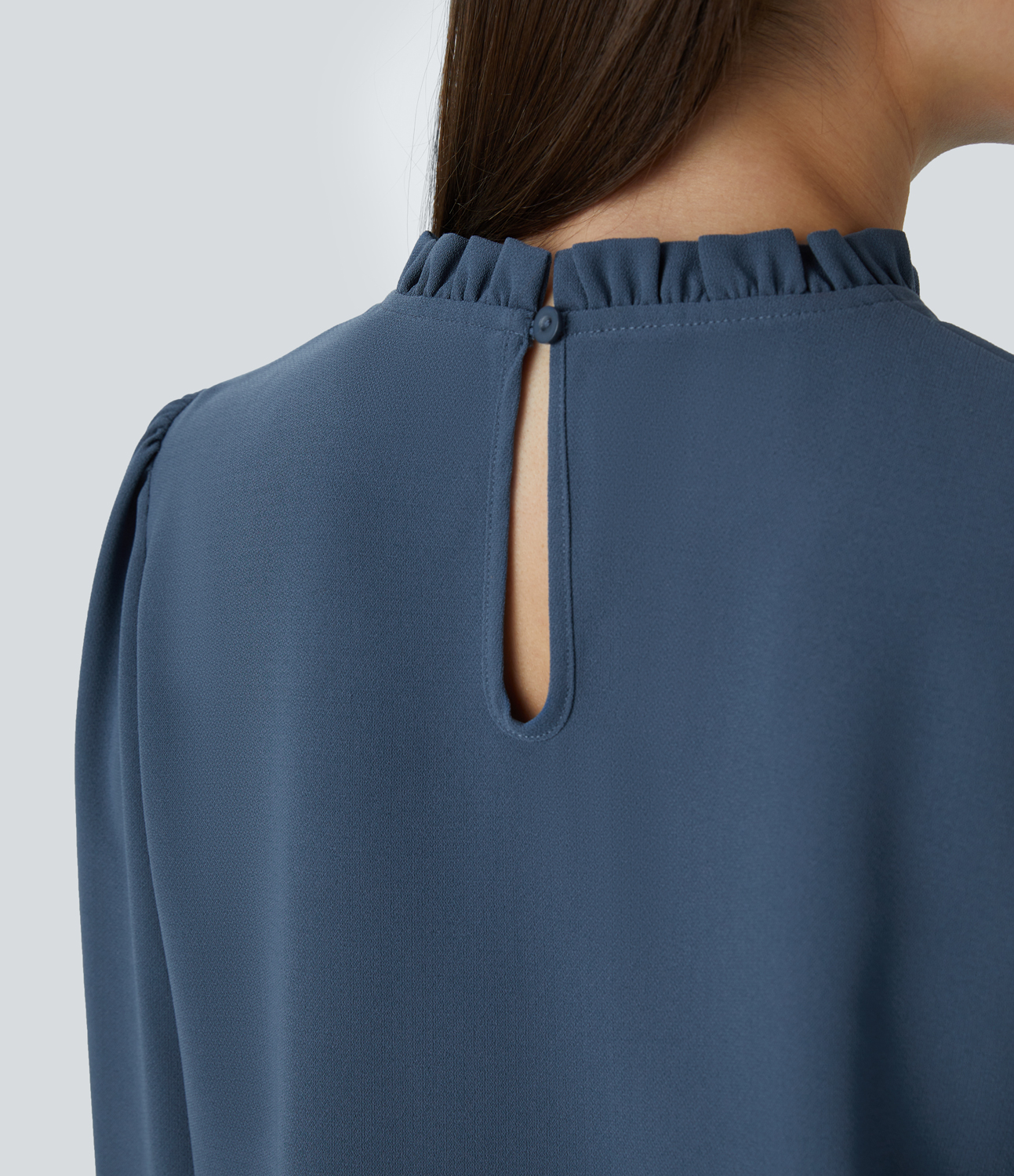 Halara Frill Round Neck Keyhole Back Long Sleeve Work Blouse  - Starry Blue - XL 