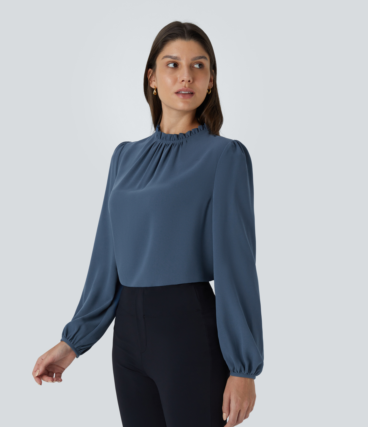 Halara Frill Round Neck Keyhole Back Long Sleeve Work Blouse  - Starry Blue - XL 