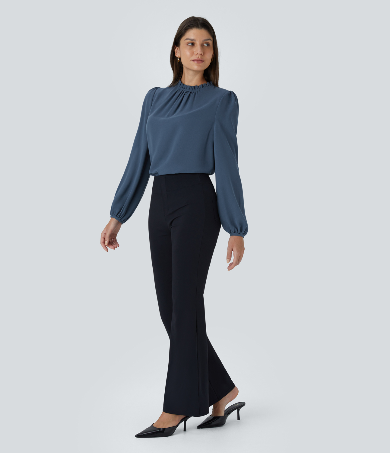 Halara Frill Round Neck Keyhole Back Long Sleeve Work Blouse  - Starry Blue - XL 