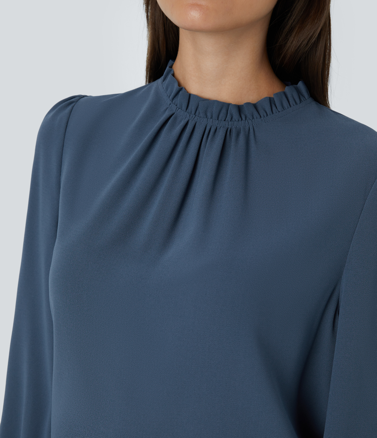 Halara Frill Round Neck Keyhole Back Long Sleeve Work Blouse  - Starry Blue - XL 