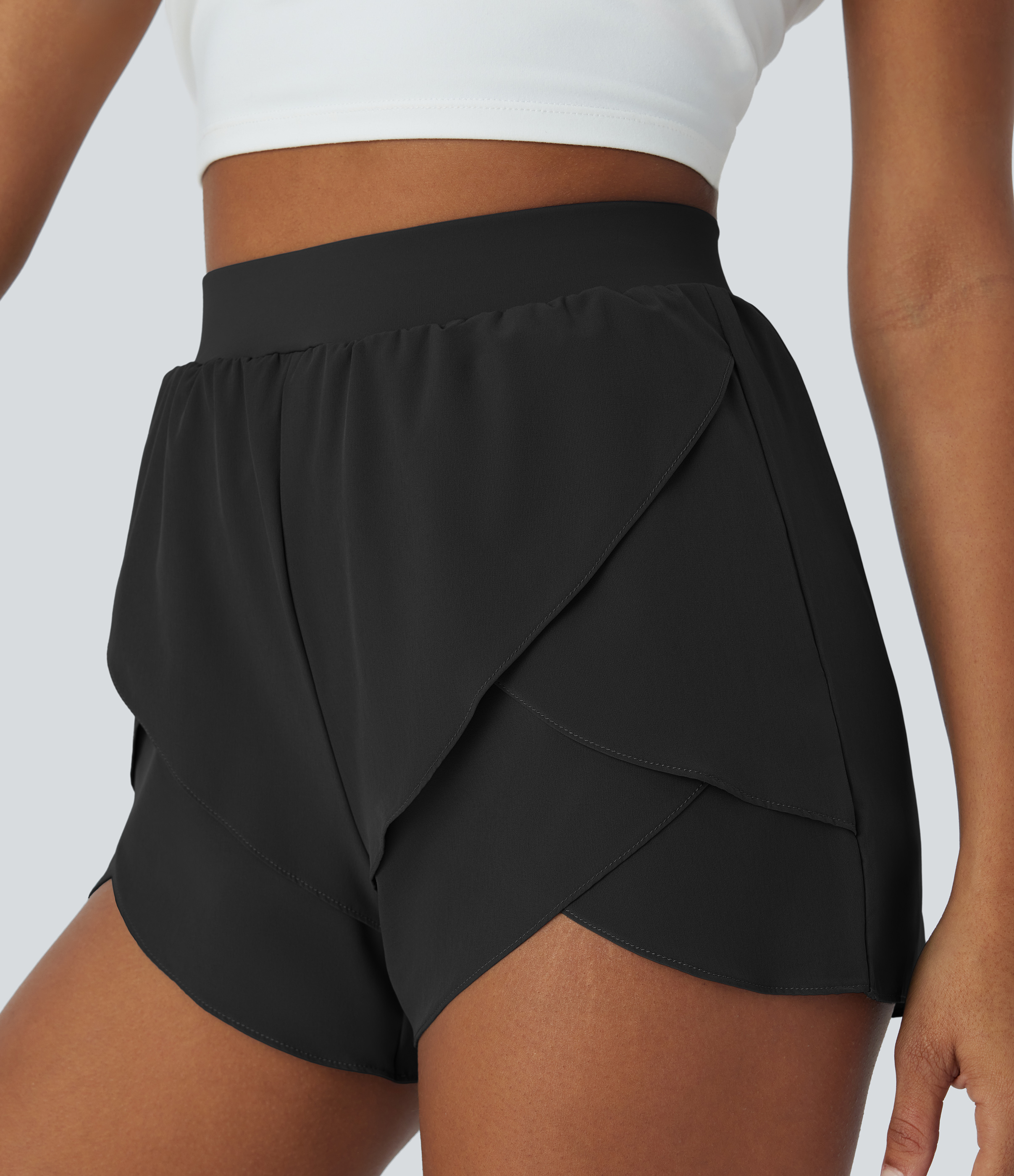 Halara Breezefulв„ў High Waisted 2-Layered Petal Hem Flowy Quick Dry Dance Shorts 3`` Gym Short - Black - M booty shorts compression shorts 