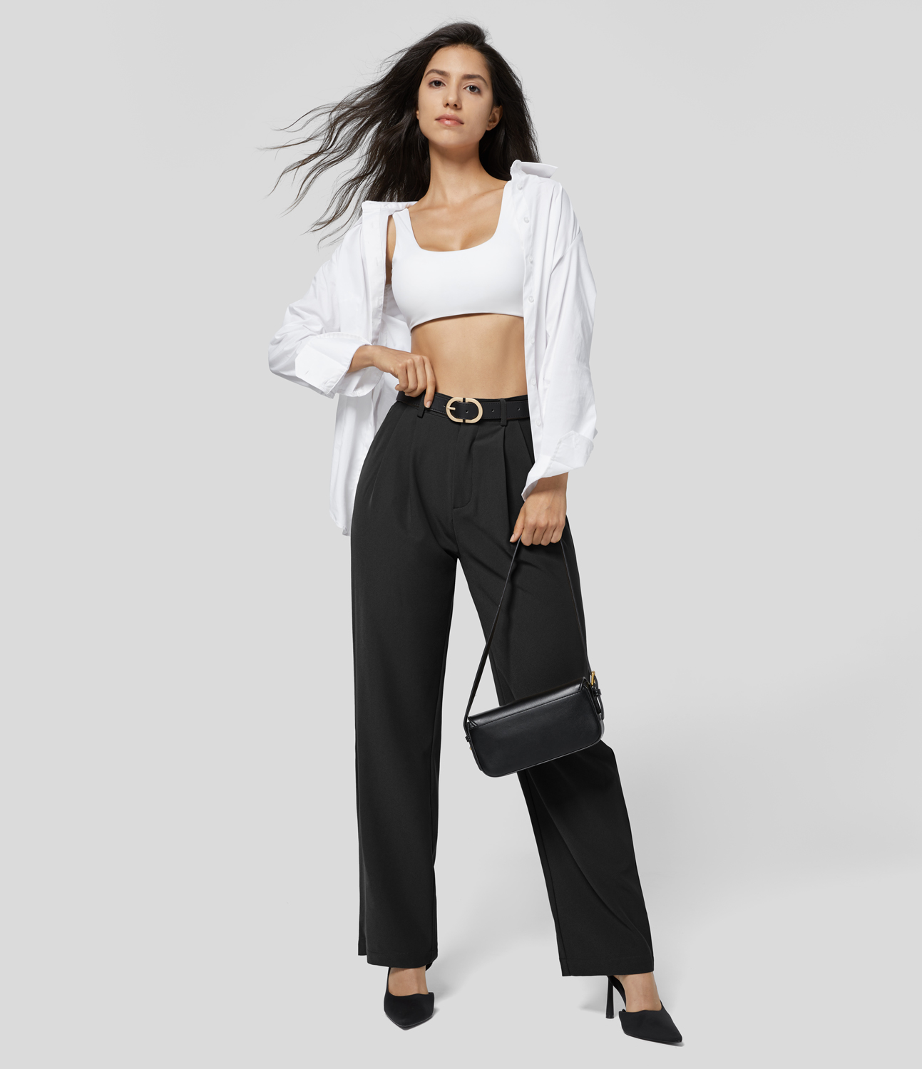 Halara High Waisted Button Zipper Plicated Side Pocket Work Pants  - Black - M(regular) sweatpants jogger pants stacked sweatpants 