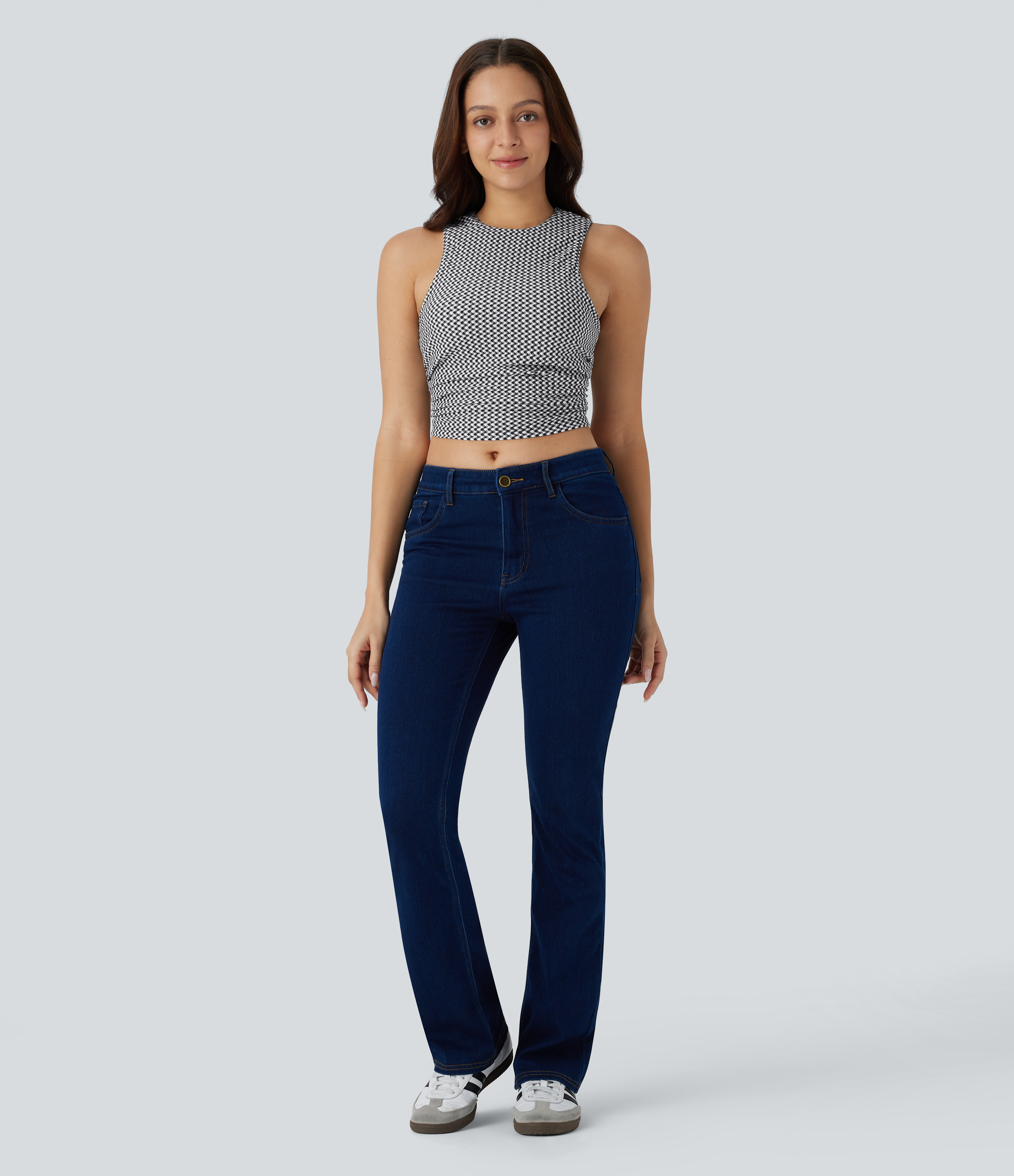 Halara Round Neck Sleeveless Ruched Plaid Cropped Casual Top Tank Top - Black White Diagonal Plaid - L golf tops halter top tunic tops 