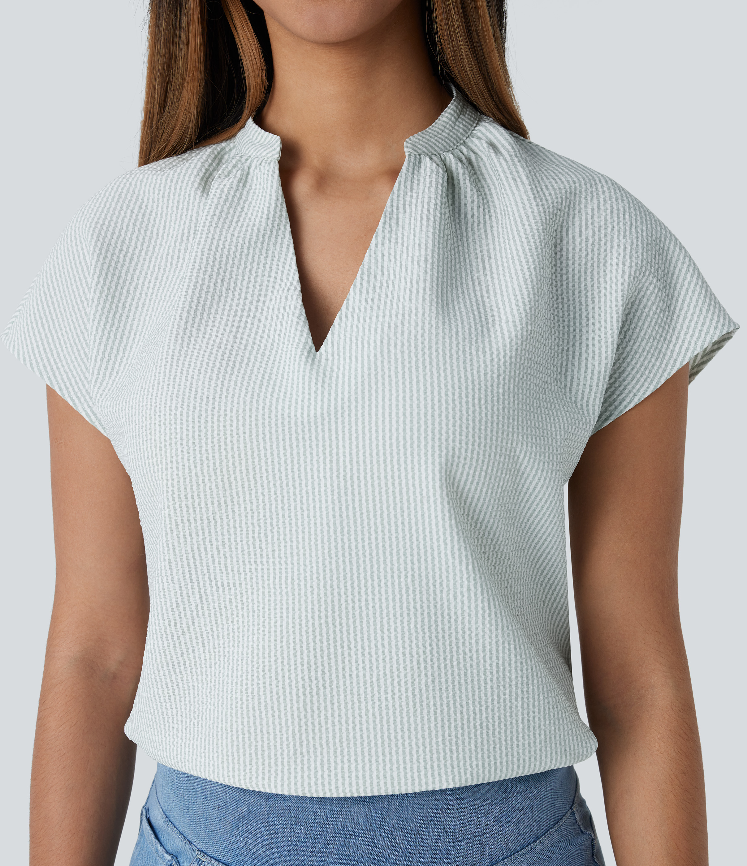 Halara V Neck Short Sleeve Curved Hem Stripe Casual Top Tank Top - Light Green White Stripe - XS golf tops halter top tunic tops 