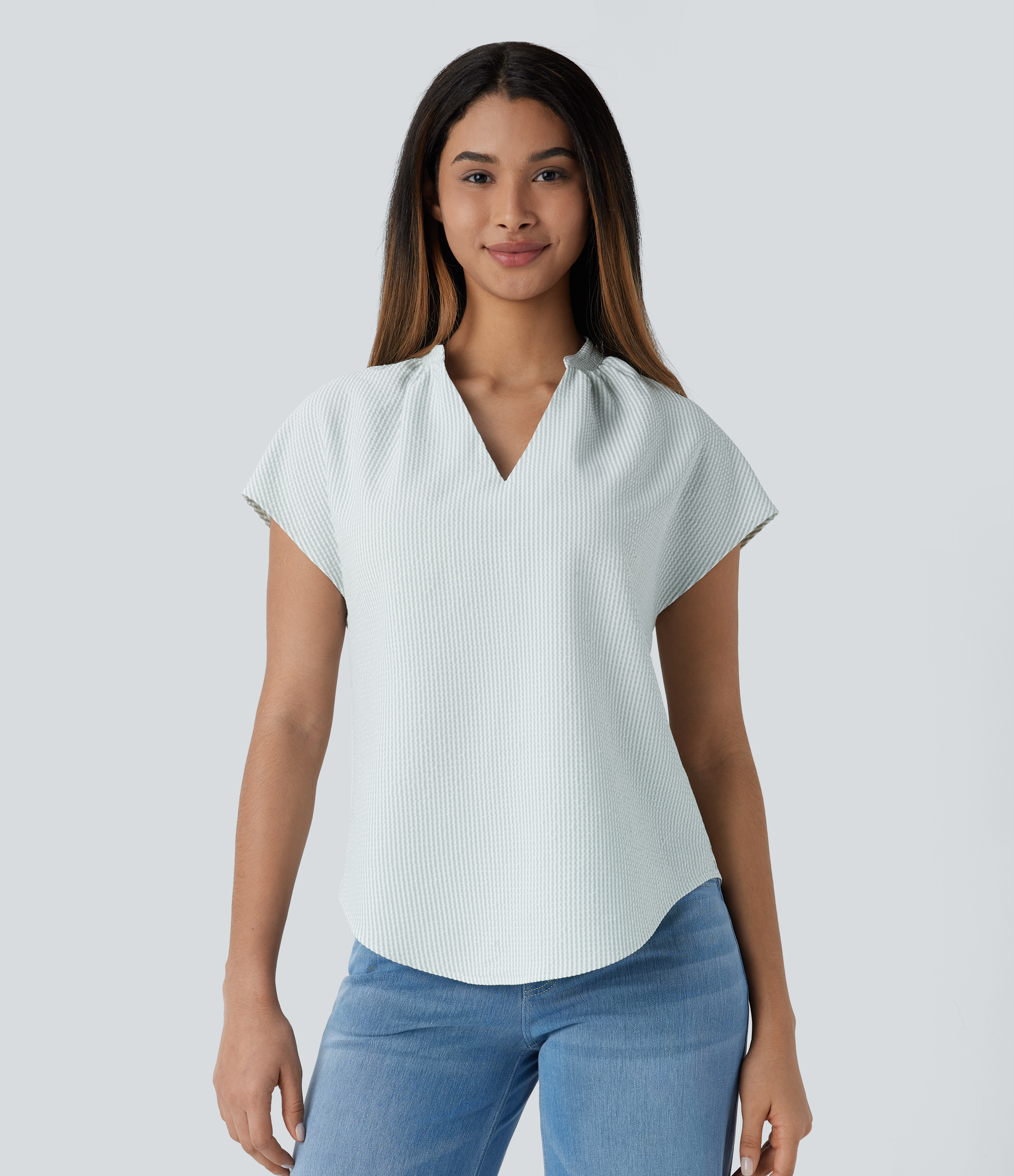 Halara V Neck Short Sleeve Curved Hem Stripe Casual Top Tank Top - Light Green White Stripe - XS golf tops halter top tunic tops 
