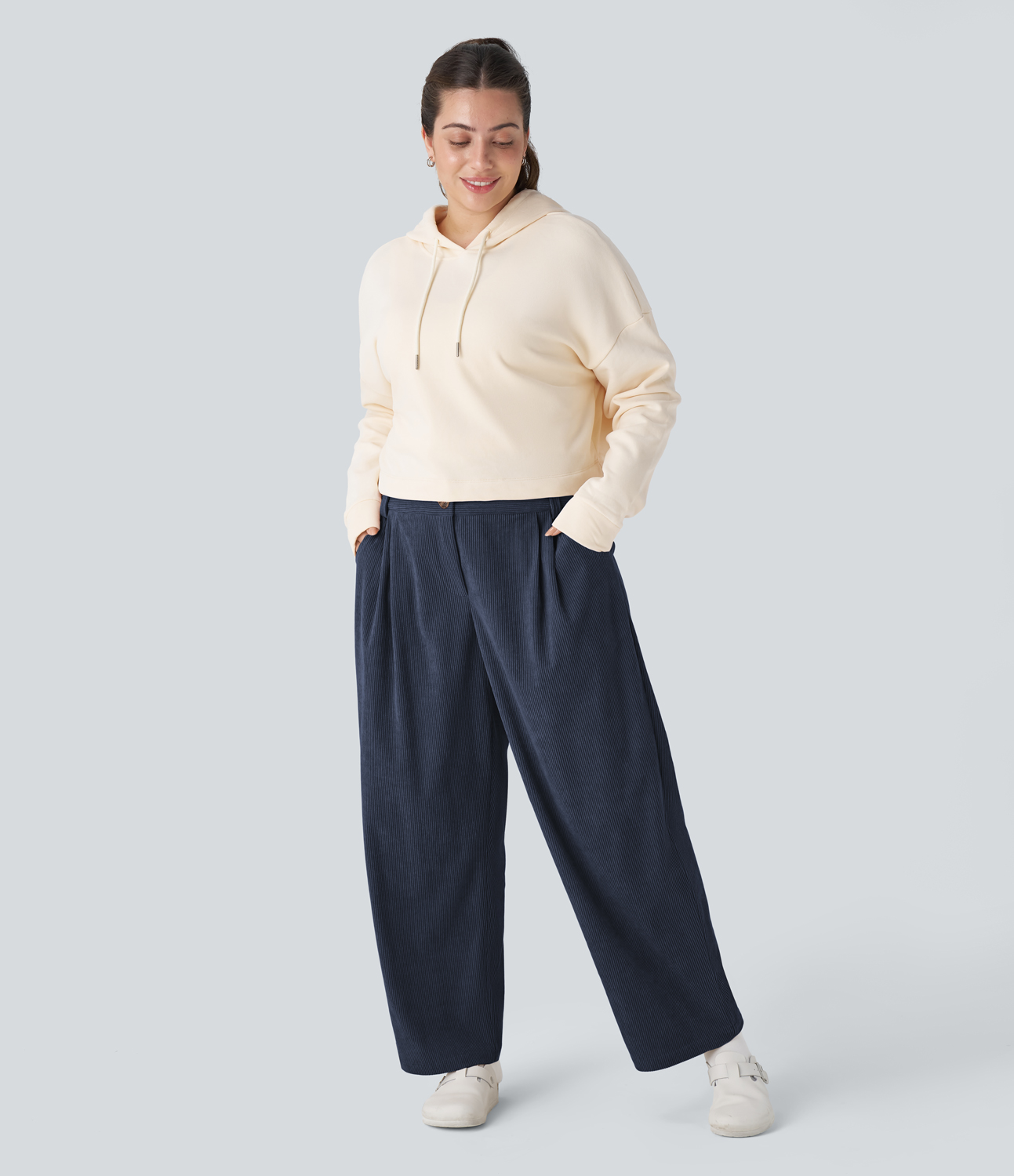 

Halara Mid Rise Button Zipper Side Pocket Plus Size Corduroy Casual Pants - Dress Blues