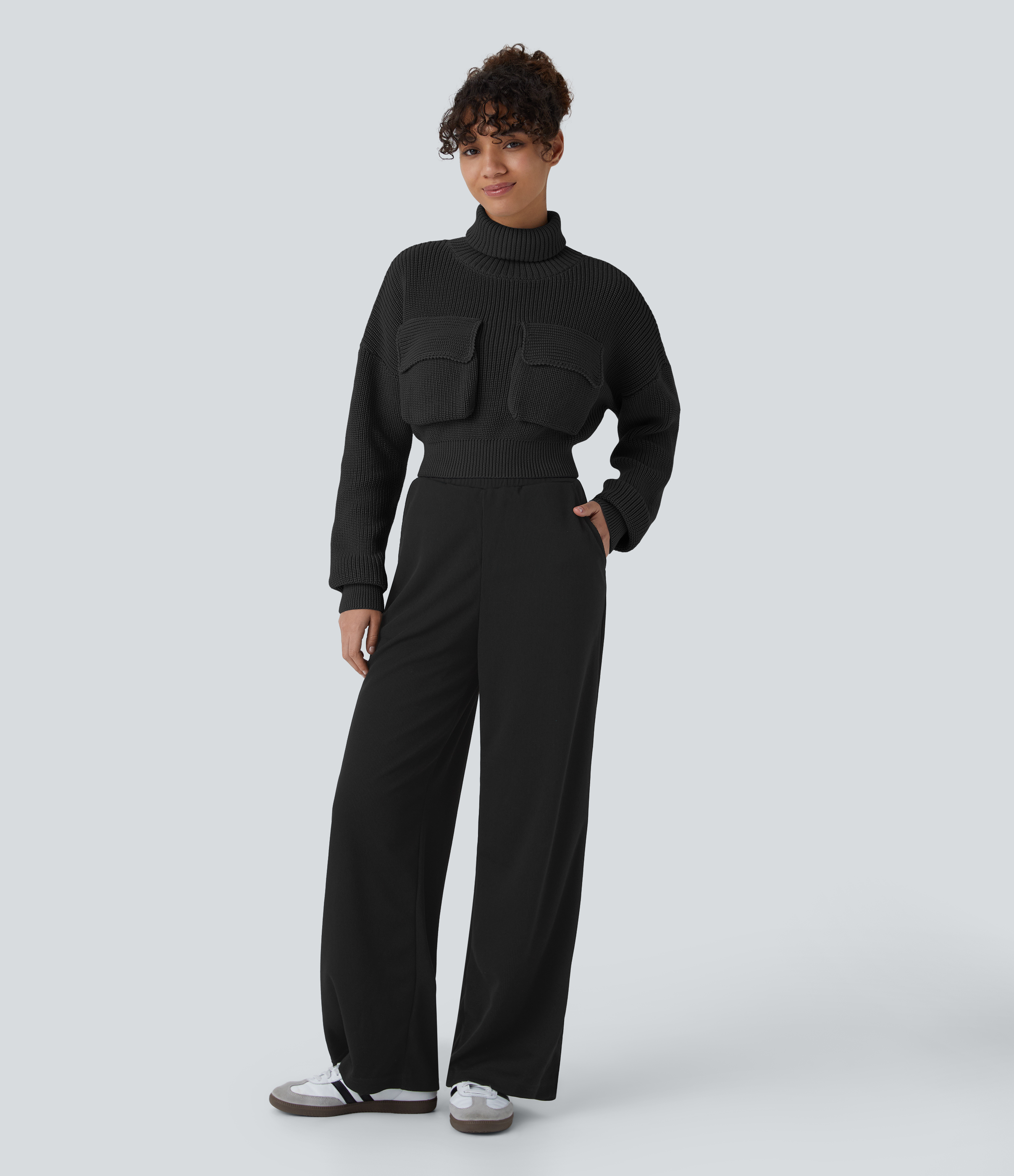 Halara High Neck Dropped Shoulder Flap Pocket Cropped Casual Sweater  - Black - L 