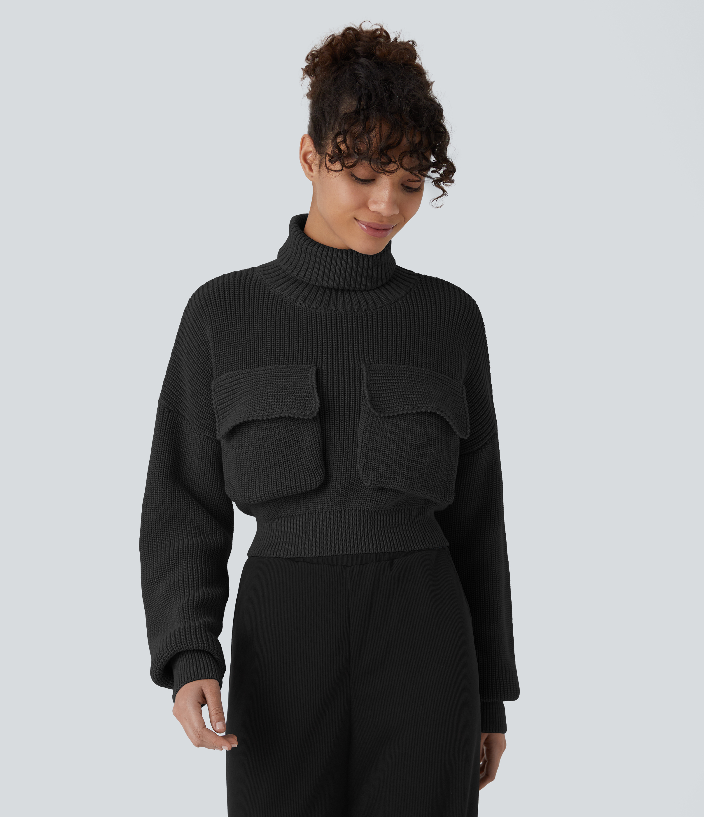 Halara High Neck Dropped Shoulder Flap Pocket Cropped Casual Sweater  - Black - L 