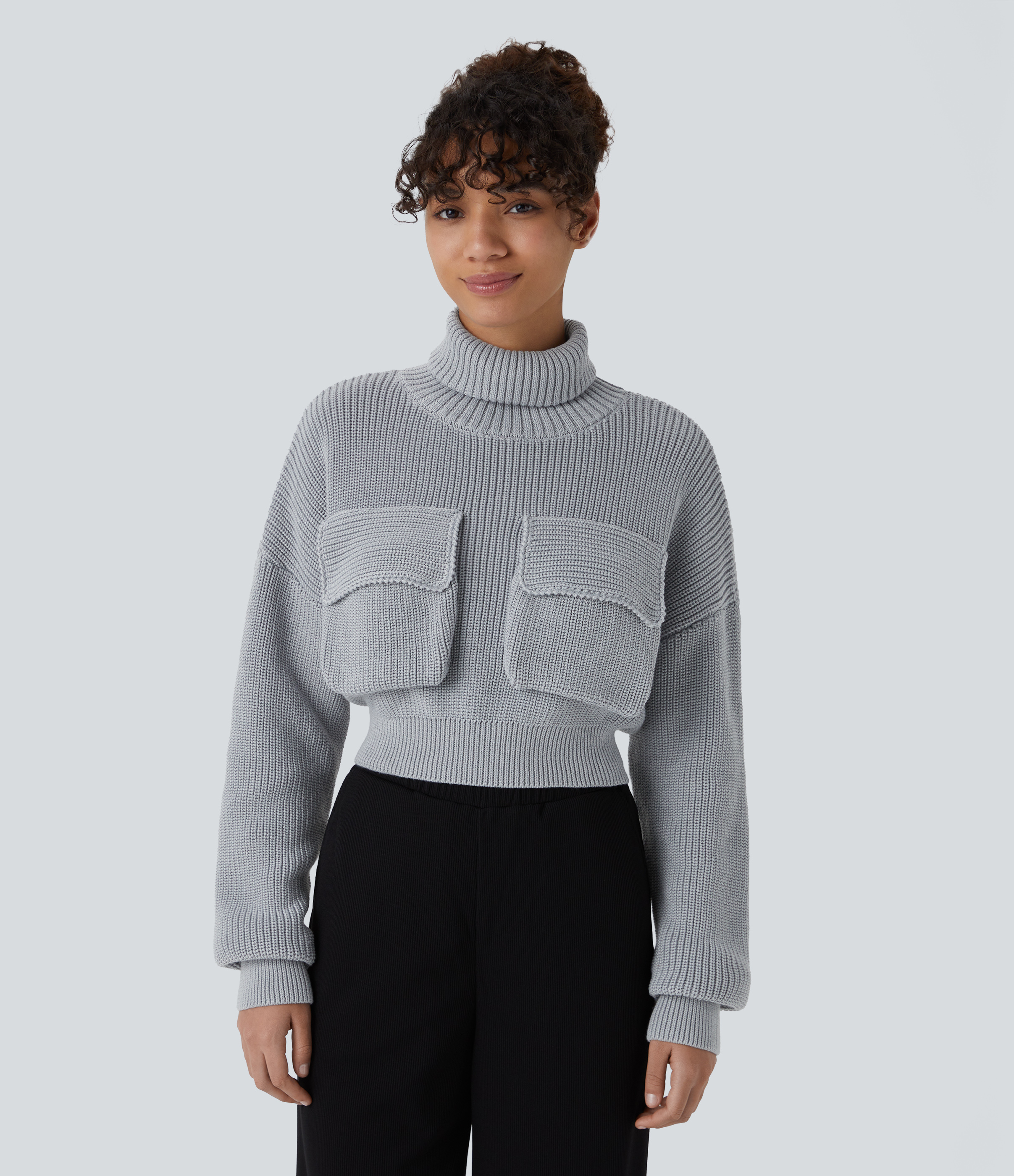 Halara High Neck Dropped Shoulder Flap Pocket Cropped Casual Sweater  - Grey - M 