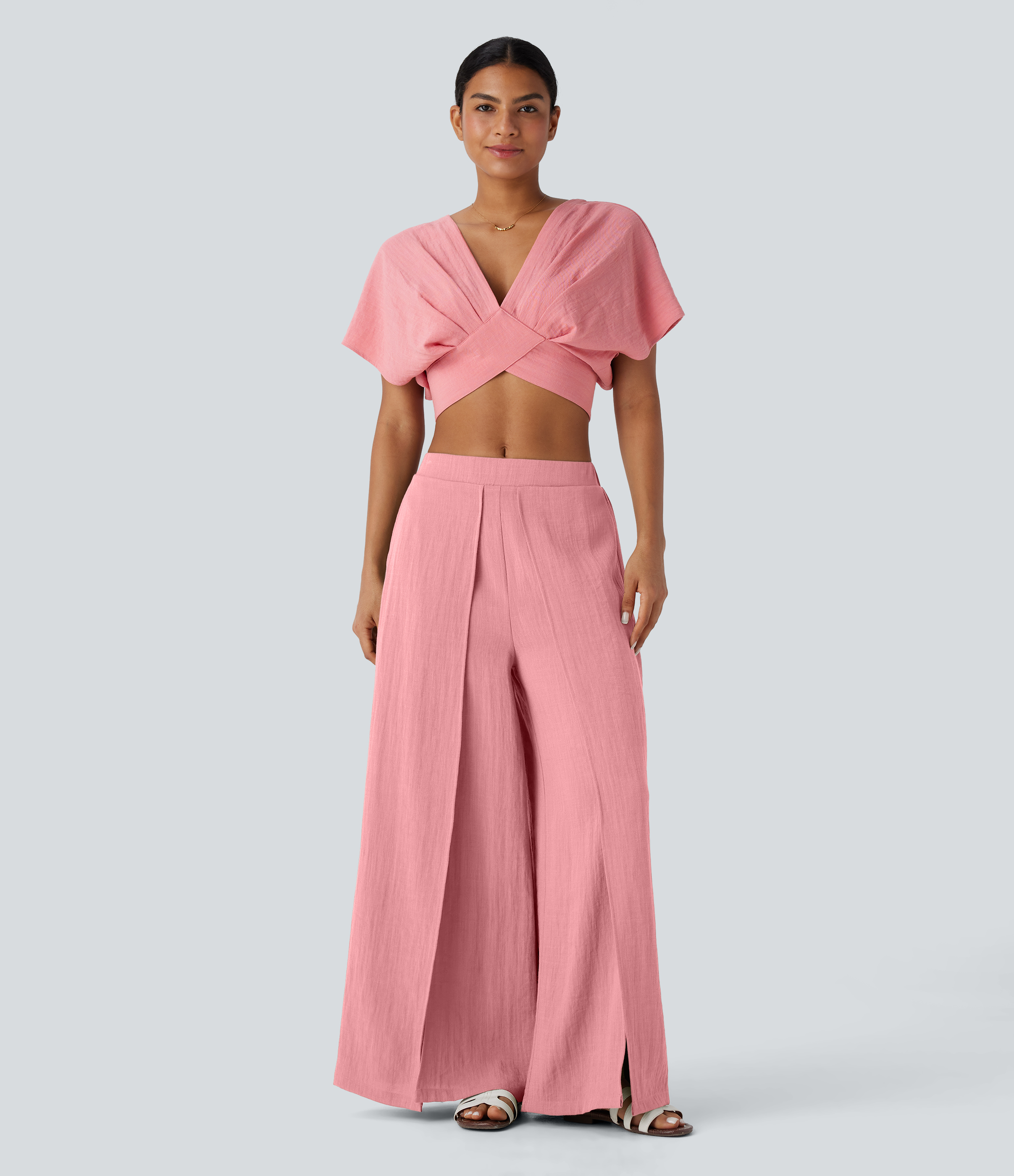 Halara V Neck Short Sleeve Backless Tie Back Crossover Hem Cropped Resort Linen-Feel Top Tank Top - Rosette - S golf tops halter top 