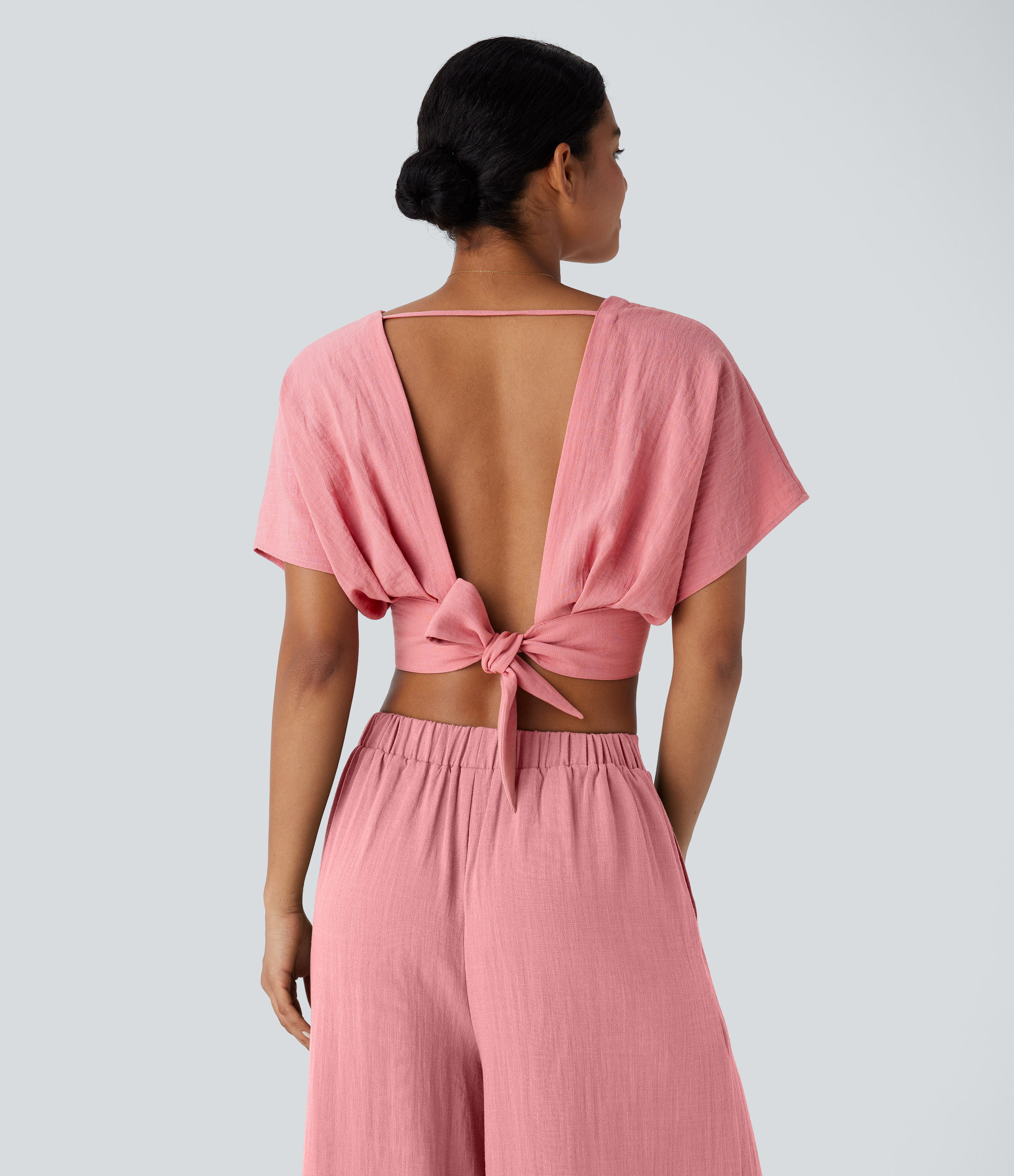 Halara V Neck Short Sleeve Backless Tie Back Crossover Hem Cropped Resort Linen-Feel Top Tank Top - Rosette - S golf tops halter top 