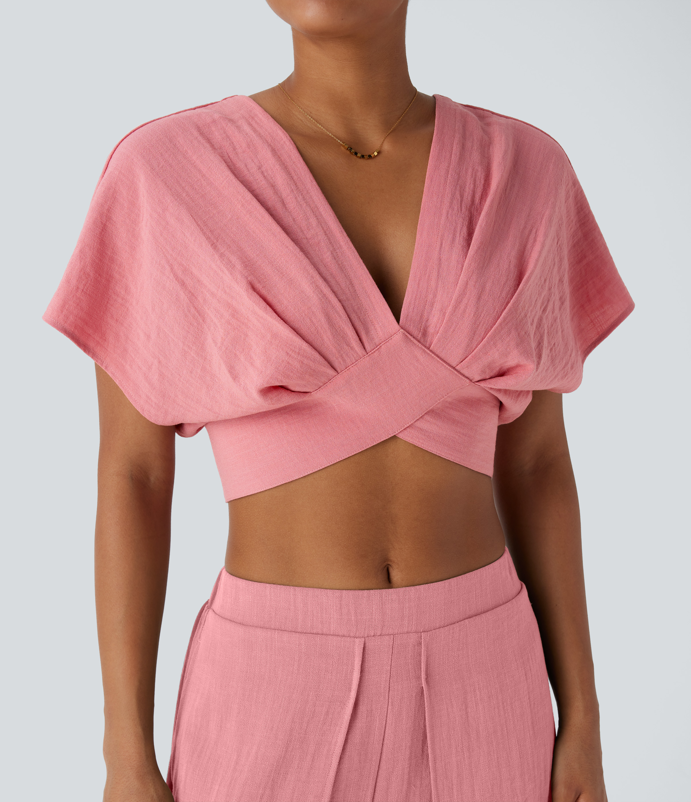Halara V Neck Short Sleeve Backless Tie Back Crossover Hem Cropped Resort Linen-Feel Top Tank Top - Rosette - S golf tops halter top 