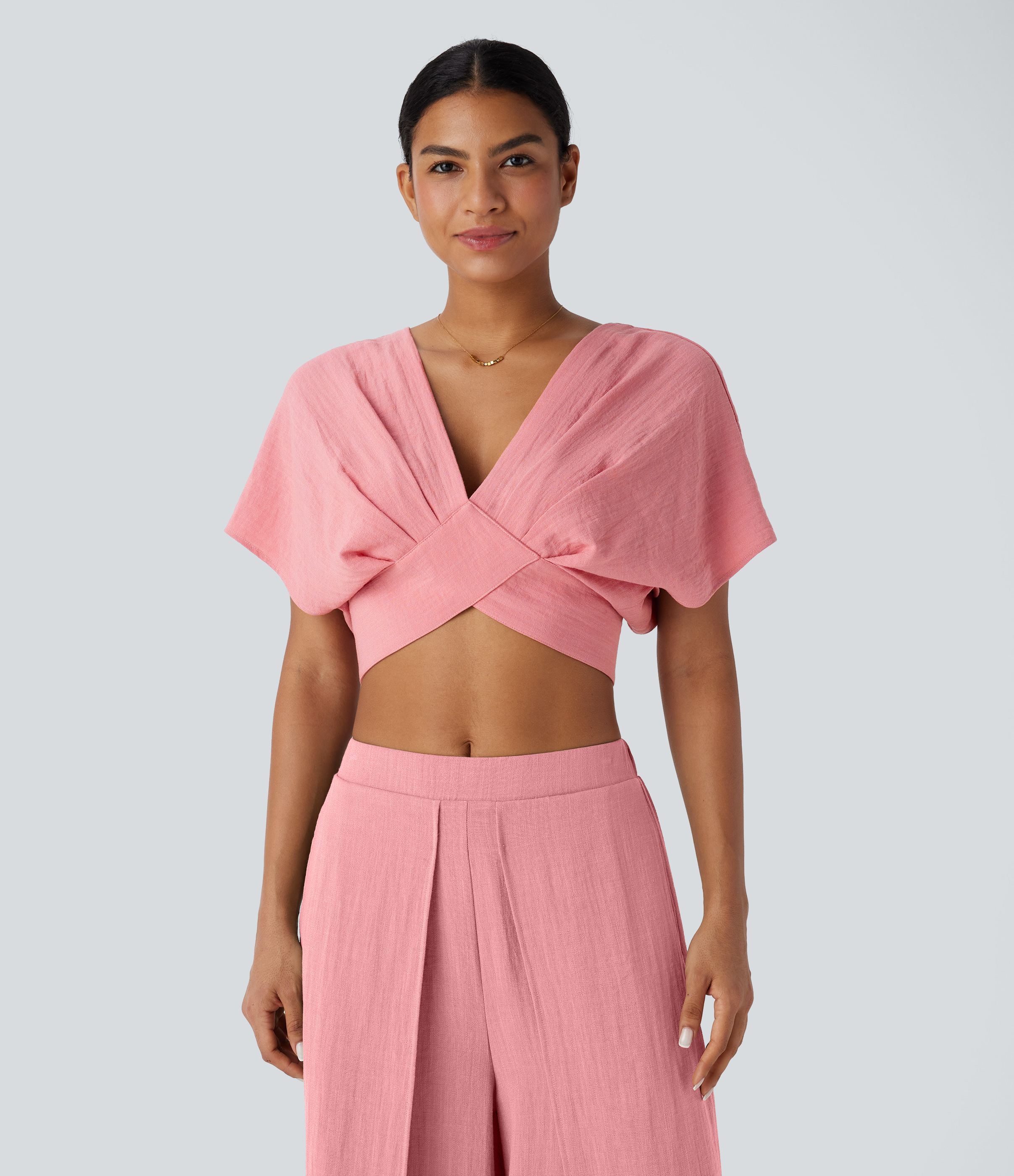 Halara V Neck Short Sleeve Backless Tie Back Crossover Hem Cropped Resort Linen-Feel Top Tank Top - Rosette - S golf tops halter top 