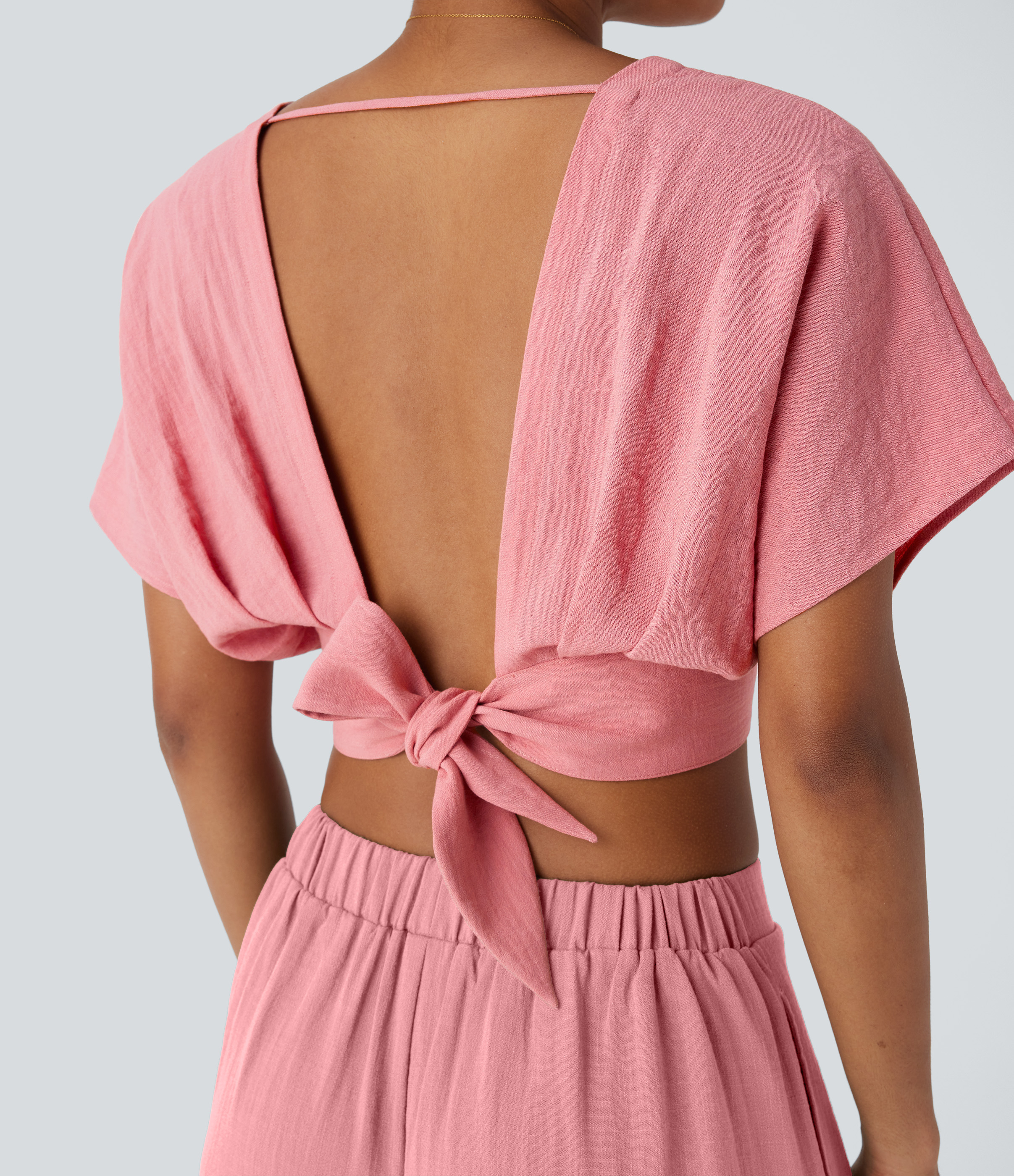 Halara V Neck Short Sleeve Backless Tie Back Crossover Hem Cropped Resort Linen-Feel Top Tank Top - Rosette - S golf tops halter top 